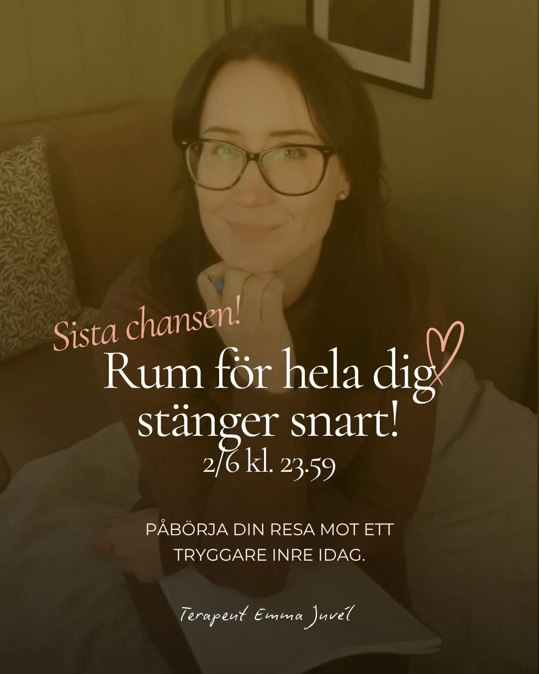 Sista chansen ❤

Ikv&auml;ll 2 juni kl. 23.59 st&auml;nger d&ouml;rrarna till RUM F&Ouml;R HELA DIG.

Om du vill b&ouml;rja l&auml;ka och hitta hem till dig sj&auml;lv &auml;r det nu du best&auml;mmer dig 🦋

Rum f&ouml;r hela dig &auml;r ett medlems