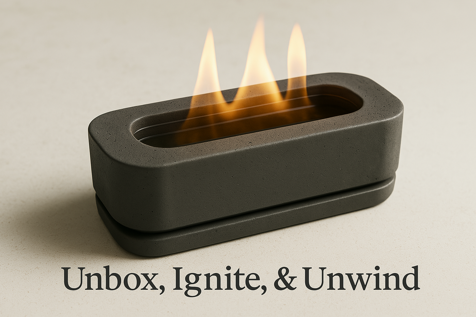 A modern, rectangular, gray-speckled incense or candle holder with a flame on top, placed on a light-colored surface. Text at the bottom reads "Unbox, Ignite, & Unwind."