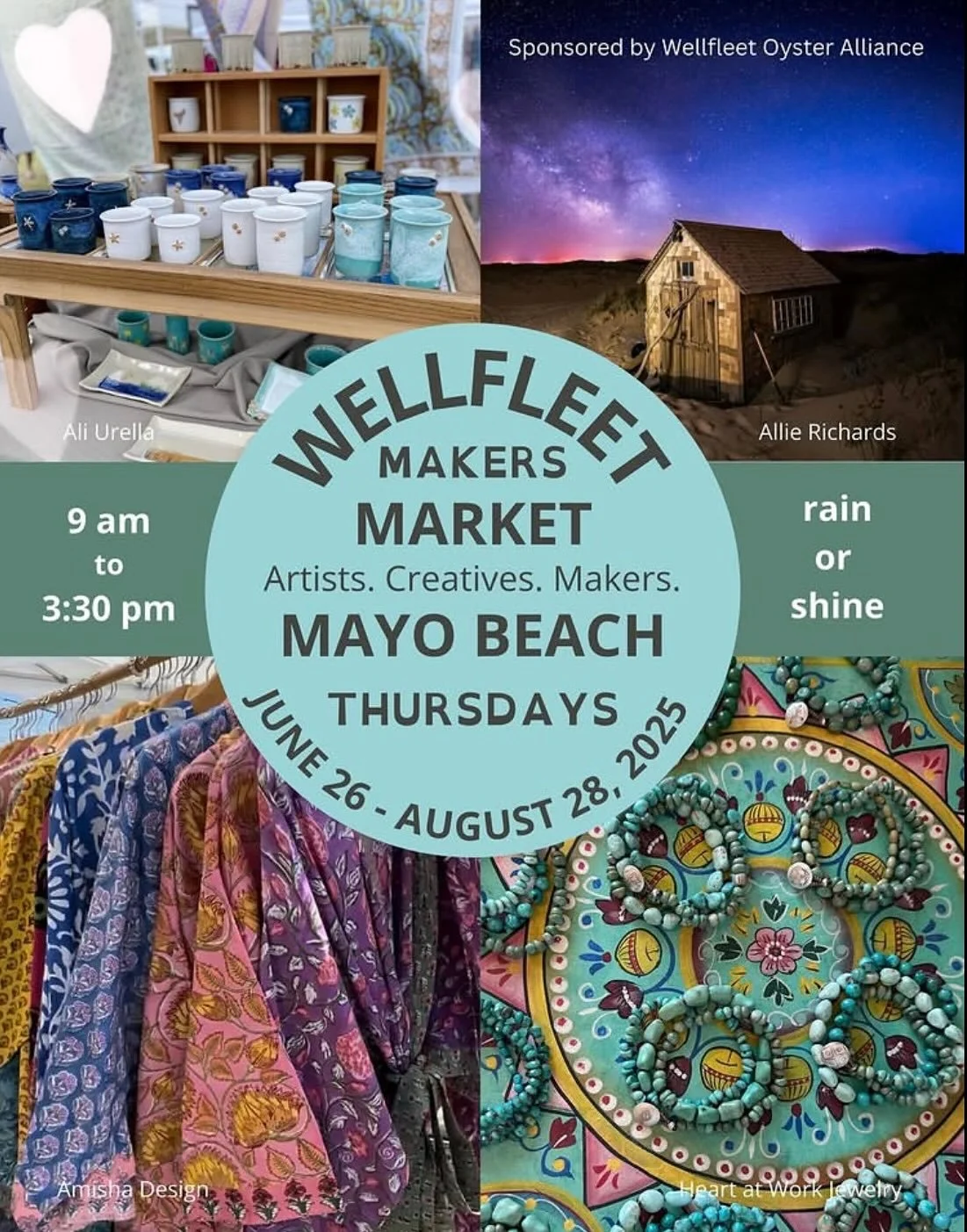 Meet me at the Market this Thursday 8/14 and next 8/21! Enjoy a day at Mayo Beach, a great lunch/dinner  @bookstorerestaurant or @wellfleetpearl and support local artisans @wellfleetmakersmarket!