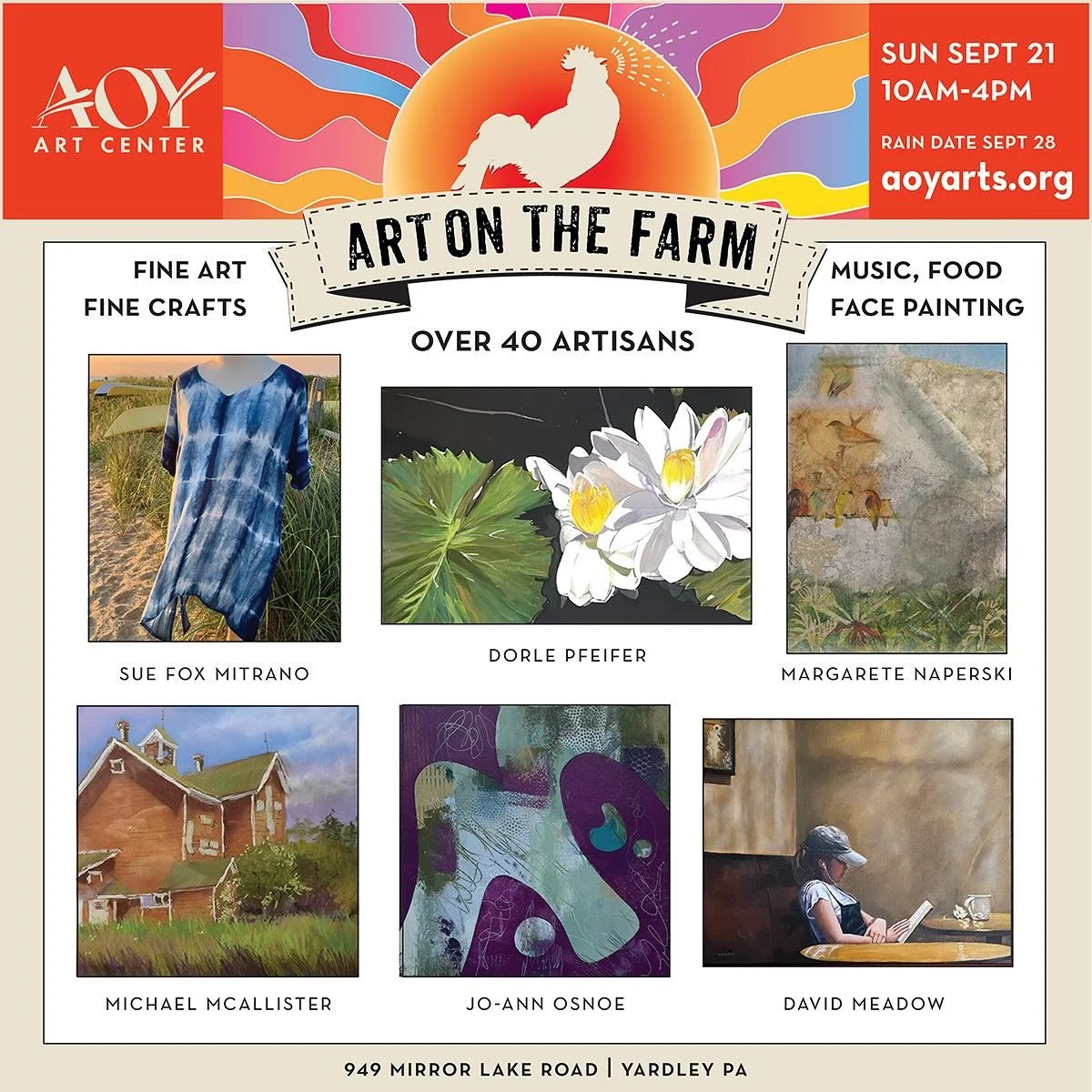 Spend a relaxing day filled with fabulous art, music and food at Art on the Farm in Yardley next Sunday, Sept. 21st!  10:00 AM to 4:00 PM - outdoors at the picturesque Patterson Farm, 949 Mirror Lake Rd., Lower Makefield Township  Rain date: Sept. 28