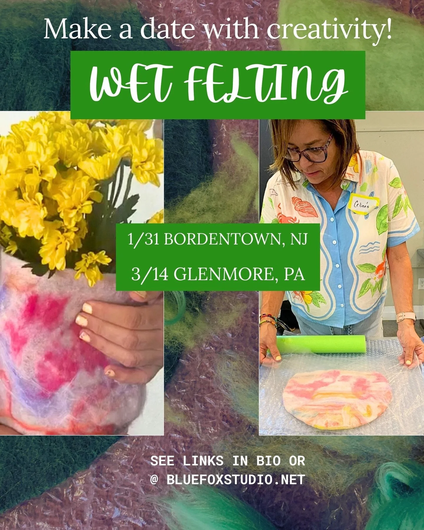 Discover fiber fun!  Shibori and Wet Felting - new workshops and new locations. Click the links in my bio or visit  blue Fox studio.net to learn more!