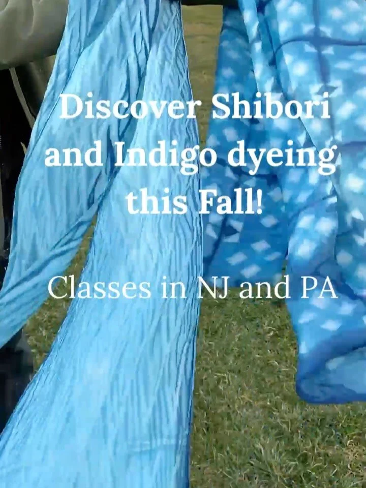 Learn the Japanese art of Shibori!  Your choice of 3 projects and 4 patterns to create with Indigo dye. See last frame for dates/locations and links in bio!
