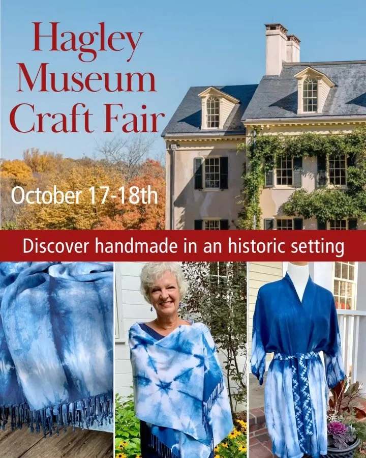 Fall fun awaits @hagleymuseum! Find my hand-dyed Shibori textiles and clothing at the Harley Craft Fair - over 100 vendors, plus coffee and food trucks.  Sat 10-5pm and Sun 10-4pm. Your ticket includes the historic home, gardens, Nation of Inventors 
