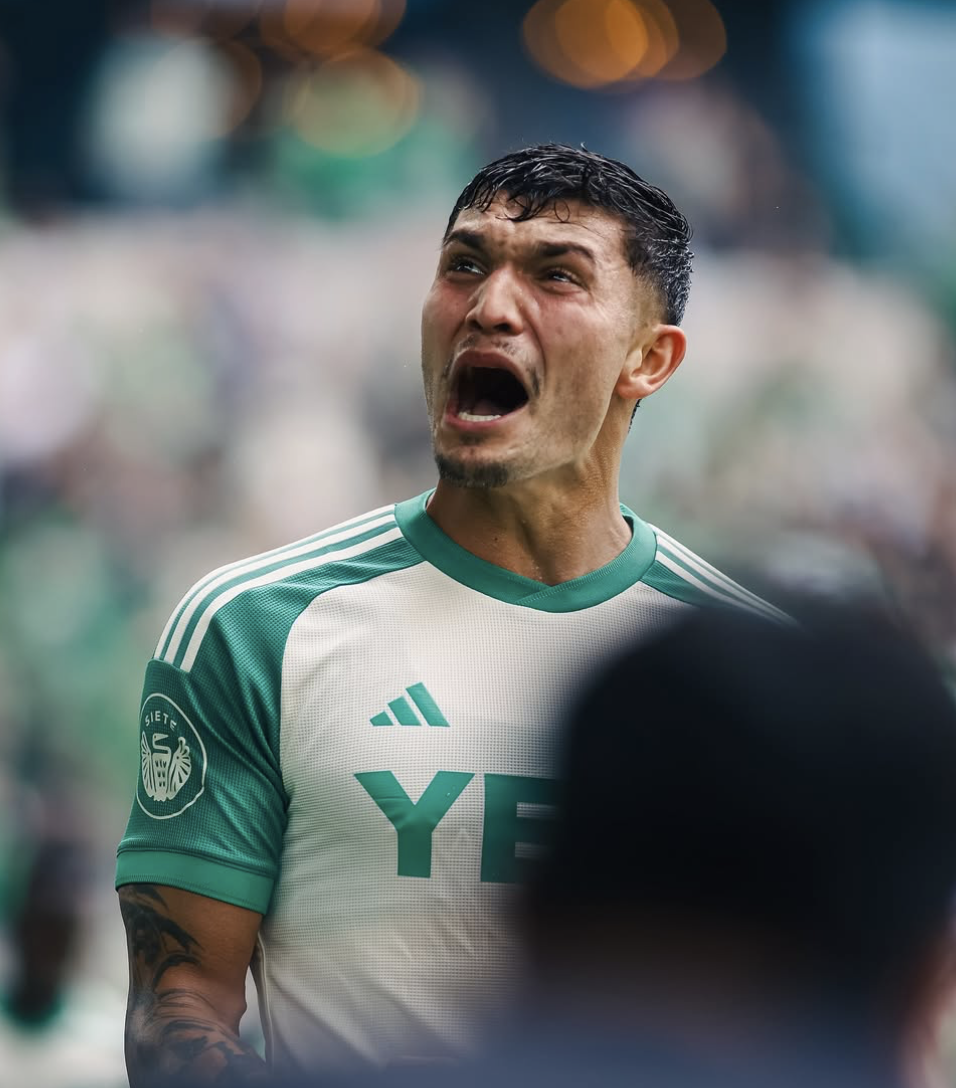 Brandon Vazquez celebrating his goal infront of the supporters section at Q2 Stadium (Dante Valencia)