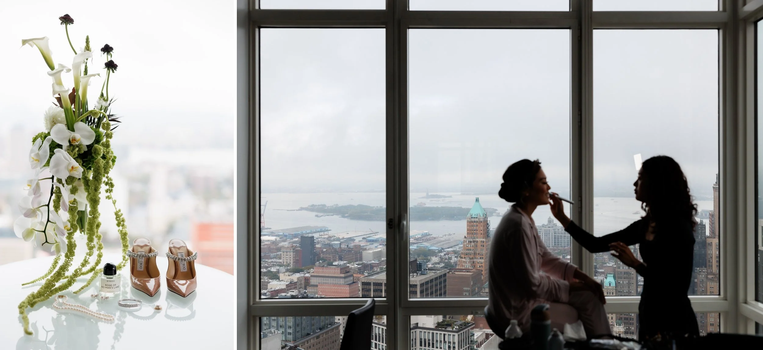  Photo of bride’s wedding details: bouquet, shoes, perfume; and a photo of bride getting make-up done in front of a large window with a view of the East River. 
