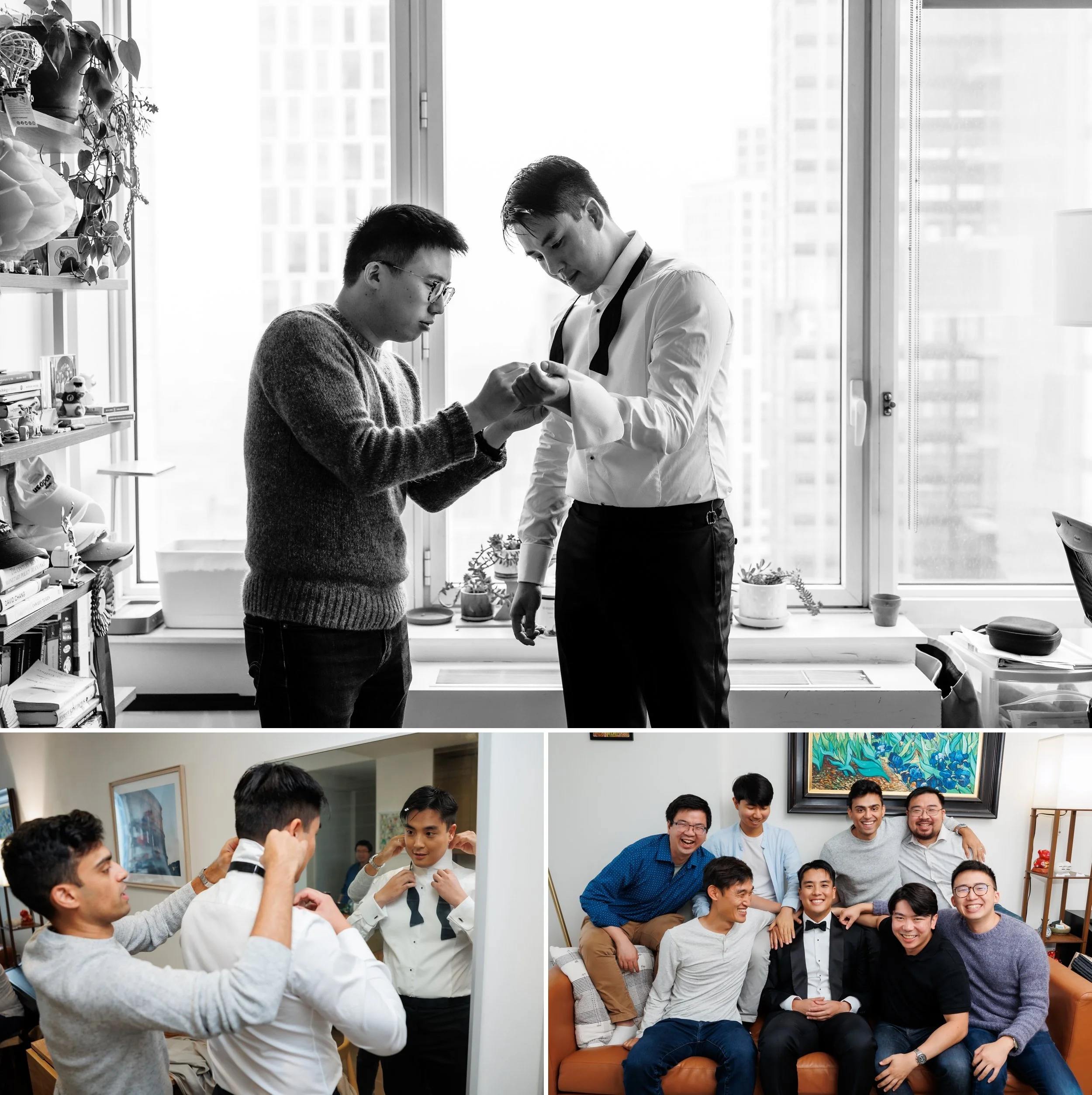  Groom getting ready with friends before wedding at the Ace Hotel Brooklyn 