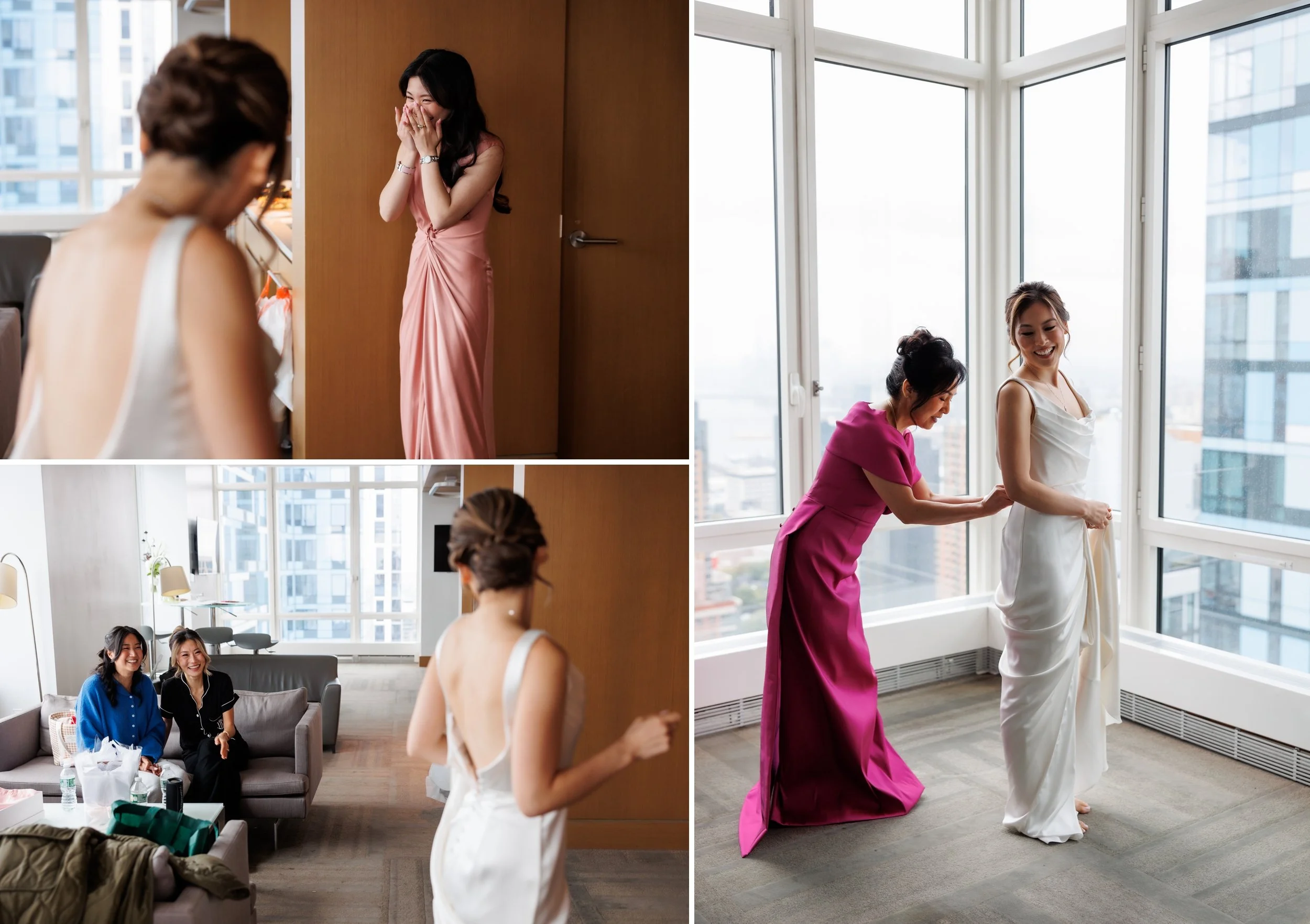  Bride getting dressed in wedding dress, and showing her friends and sister the dress. 