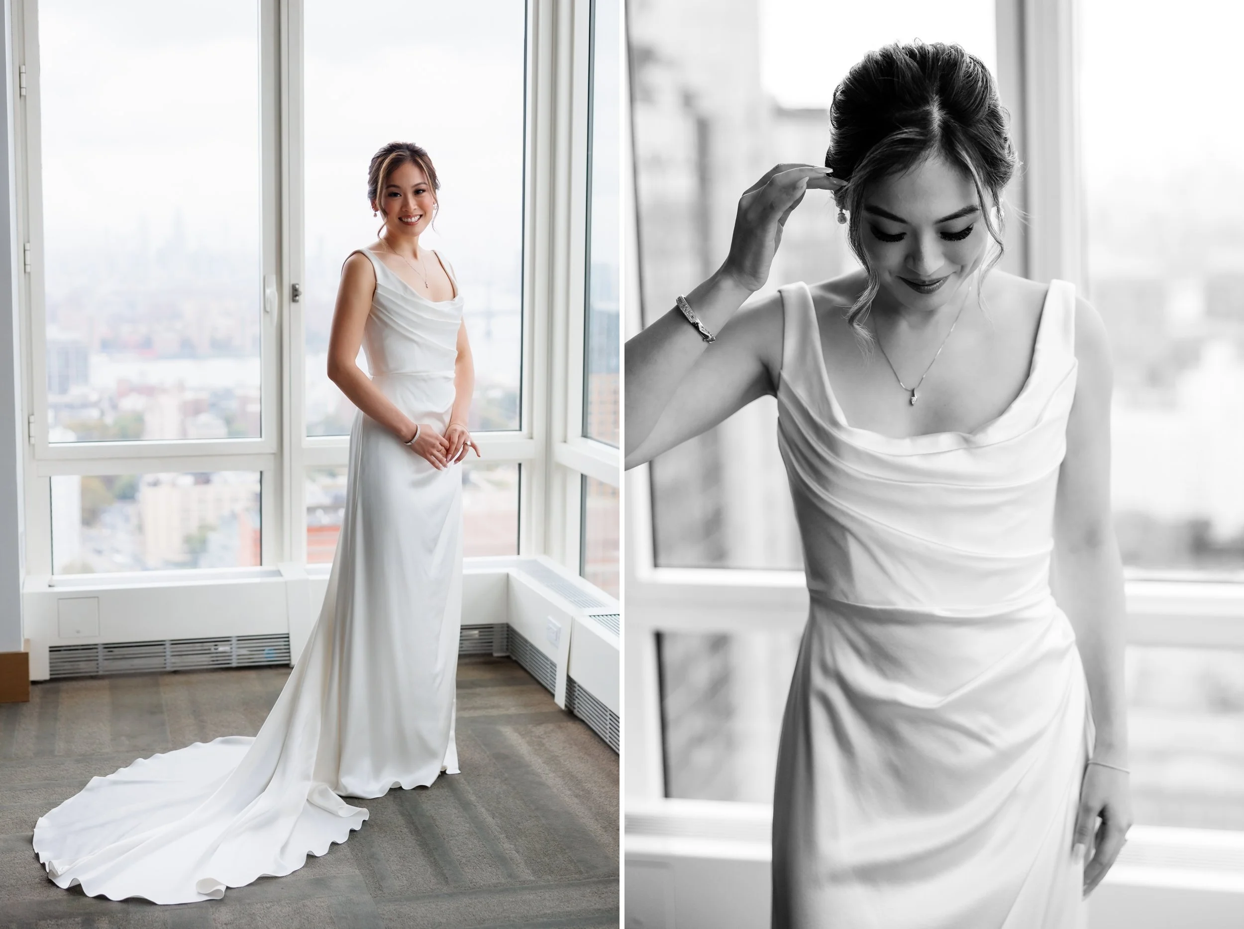  Portraits of a bride in front of large windows overlooking Brooklyn 