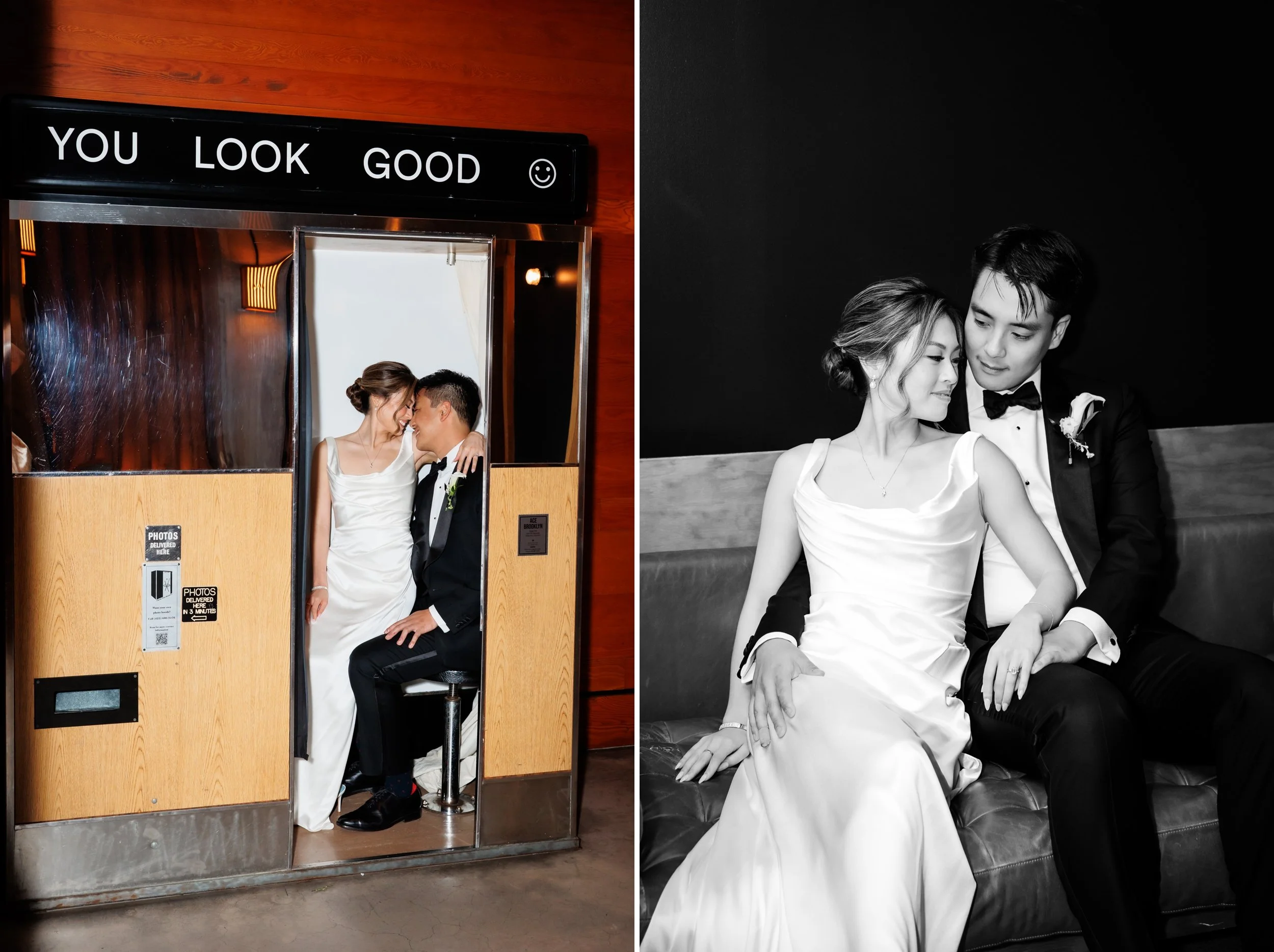  Portraits of a couple inside the Ace Hotel Brooklyn, in the old fashioned photo booth and on a couch in the lobby 