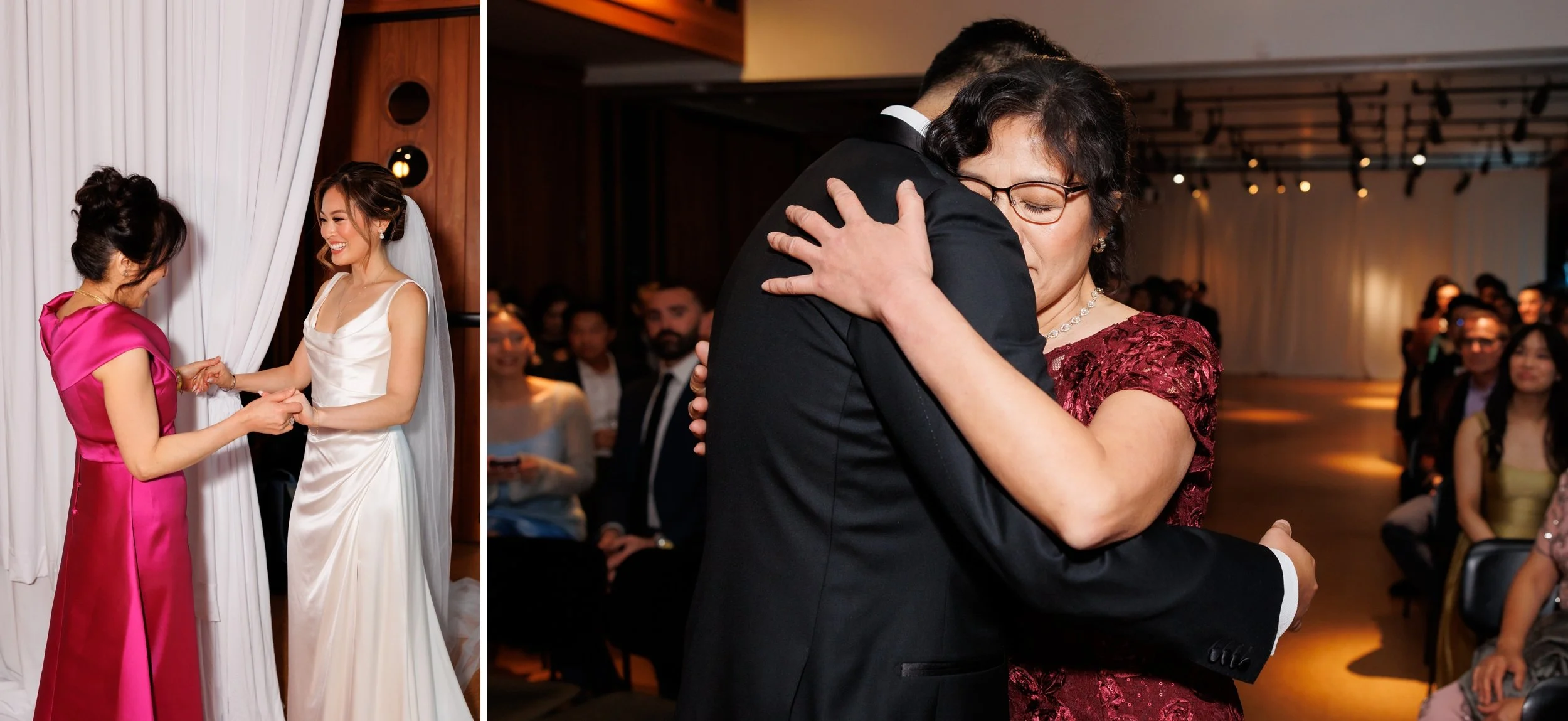  Bride with her mom helping her adjust her veil. Groom hugging his mom after she walks him up the ceremony aisle. 