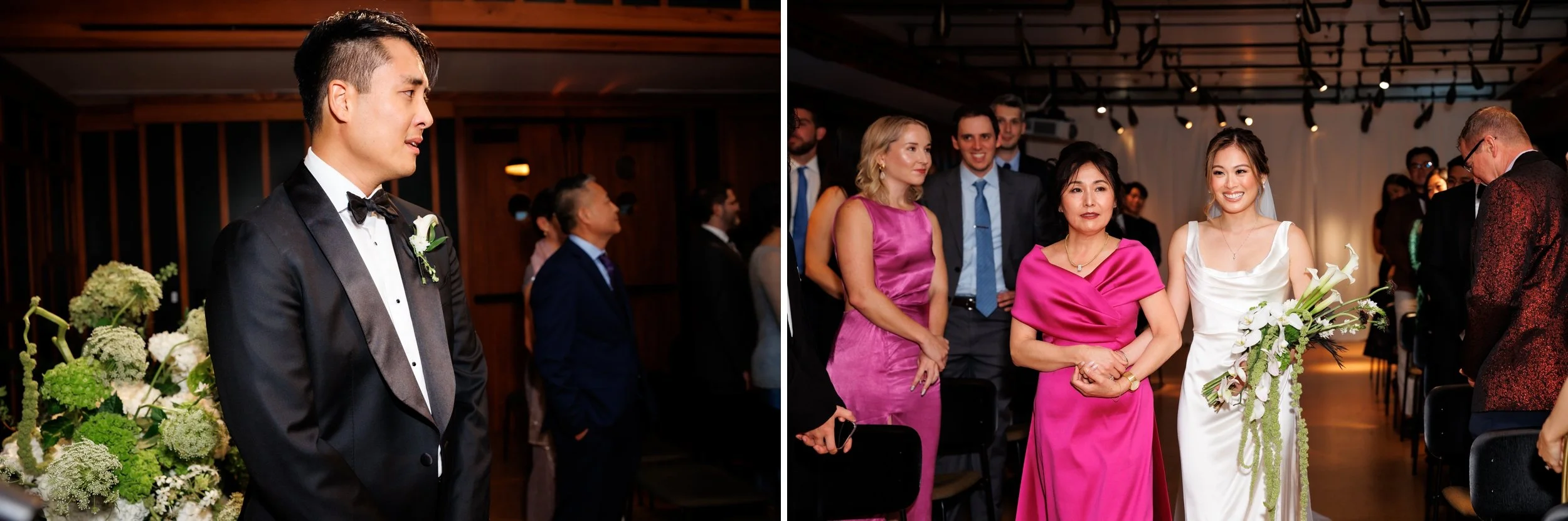  Groom cries as he watches his partner walk towards him with her mother at the start of their wedding ceremony. 