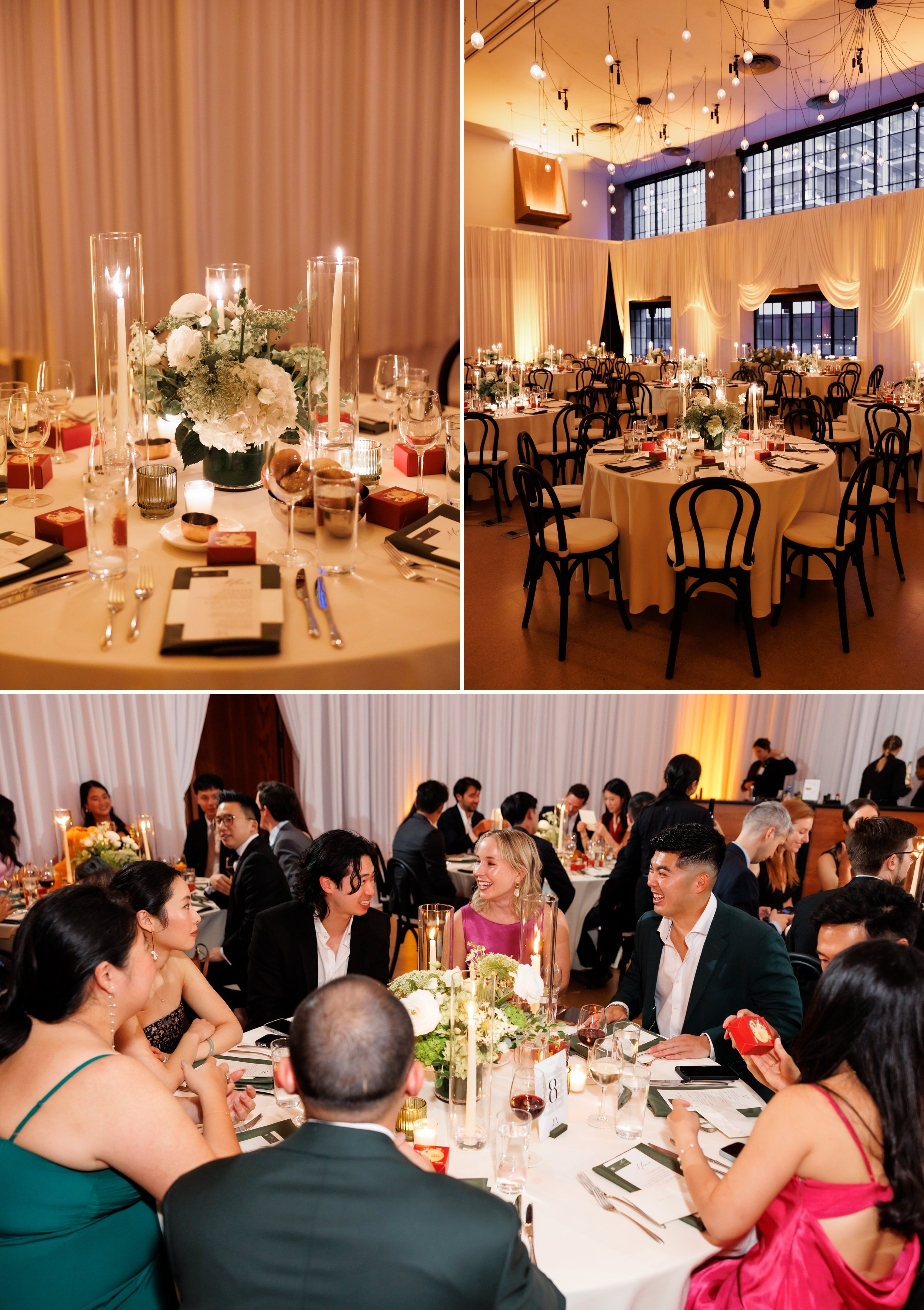  Reception decor and room draping and guests sitting down to dinner for a wedding at the Ace Hotel Brooklyn 