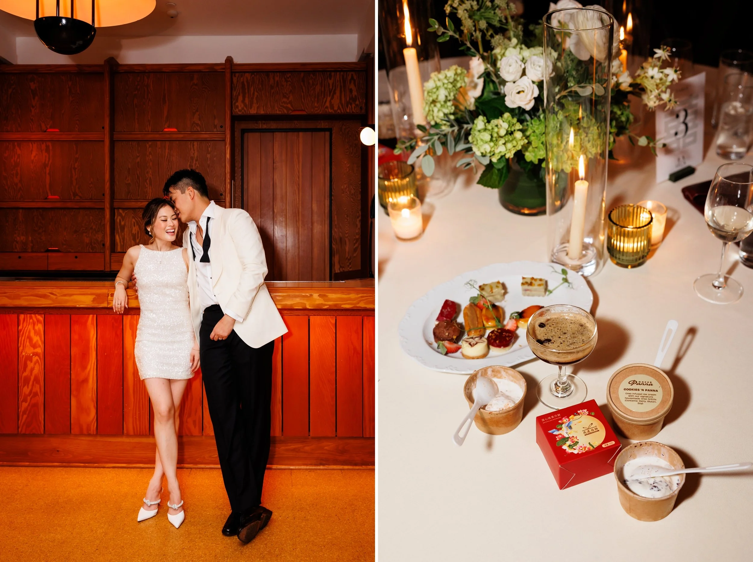  Couple poses for a portrait at the bar in their reception outfits. Dessert and details from the wedding reception 