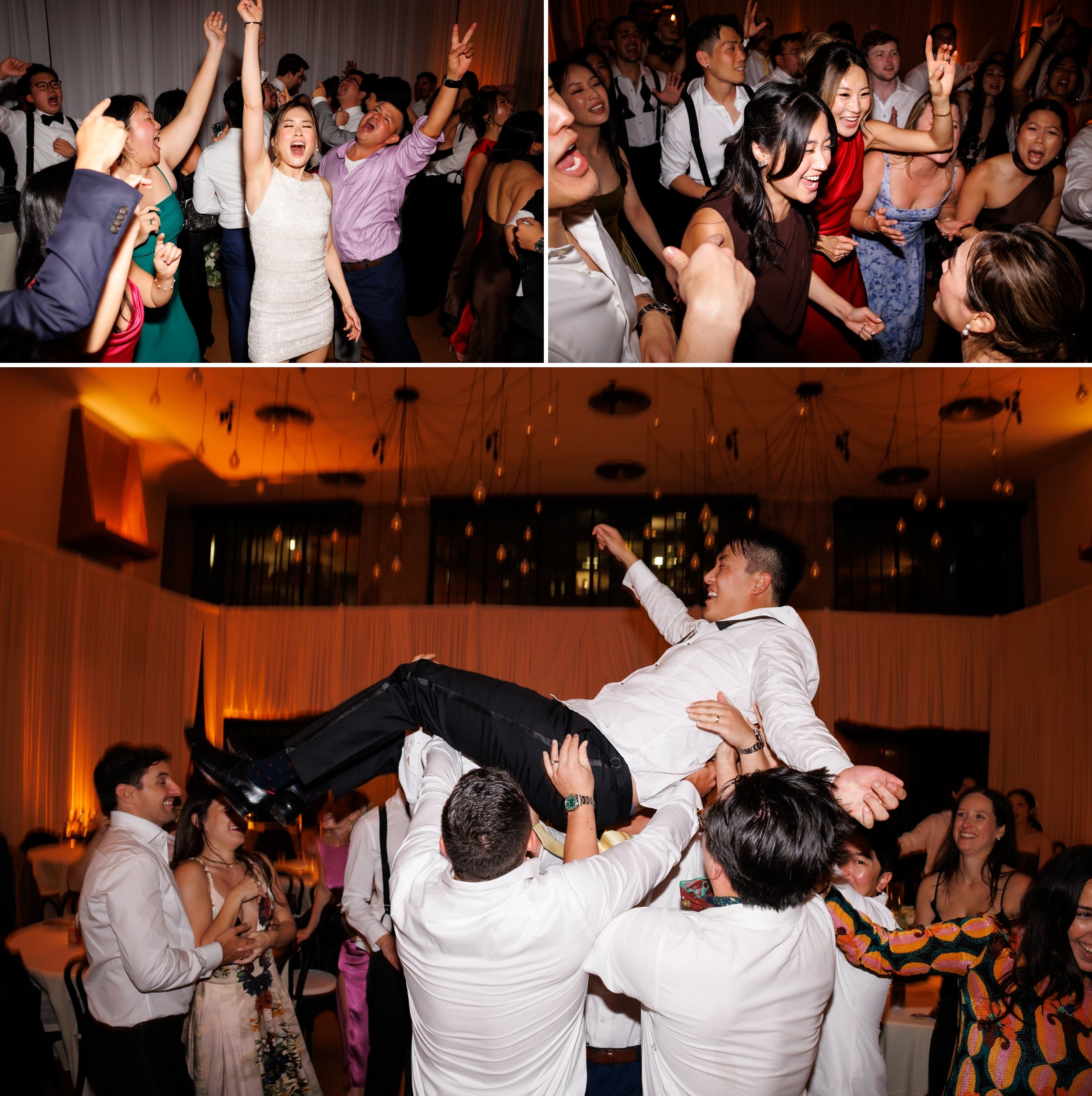  Couple dances with their guests during their wedding reception 