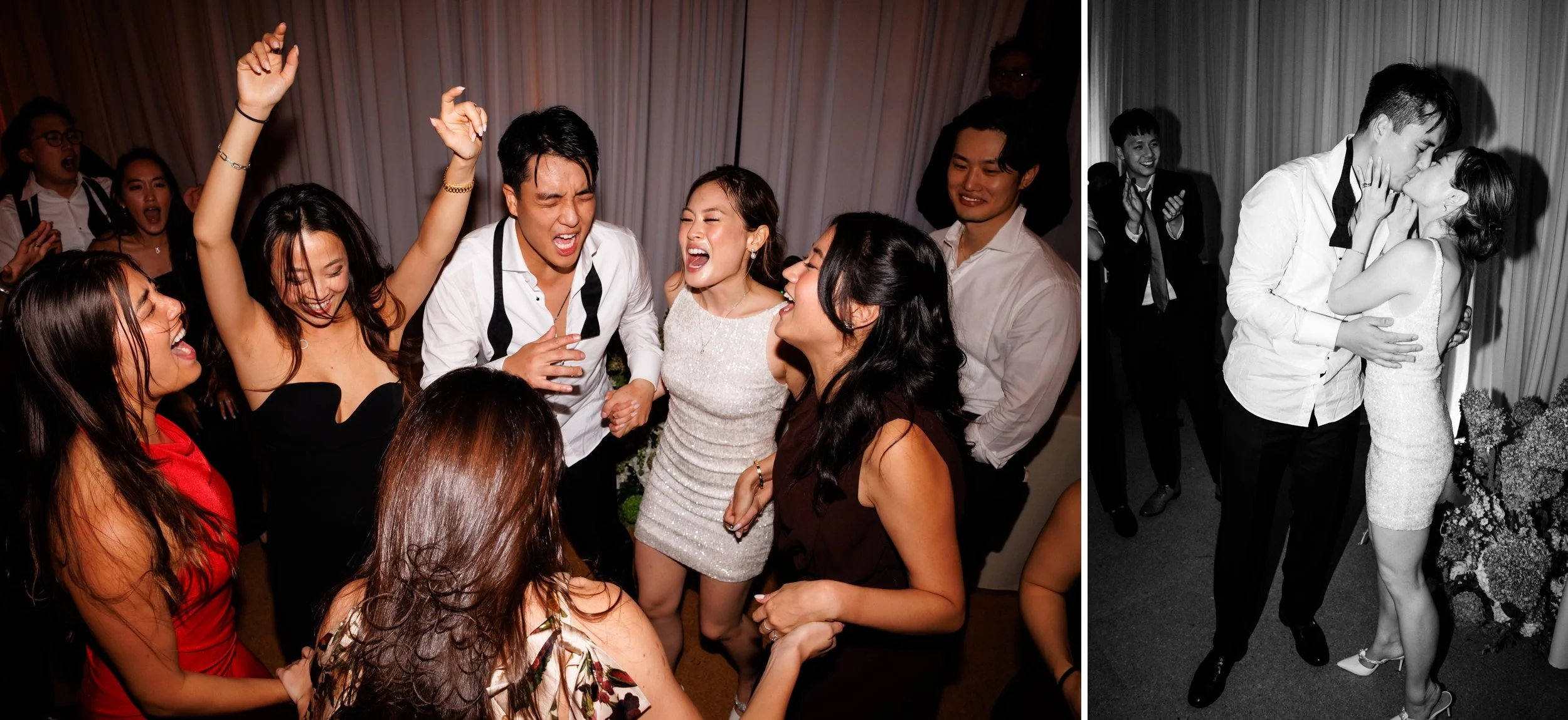  Couple dances with their guests and then they kiss each other after the last song during their wedding reception 