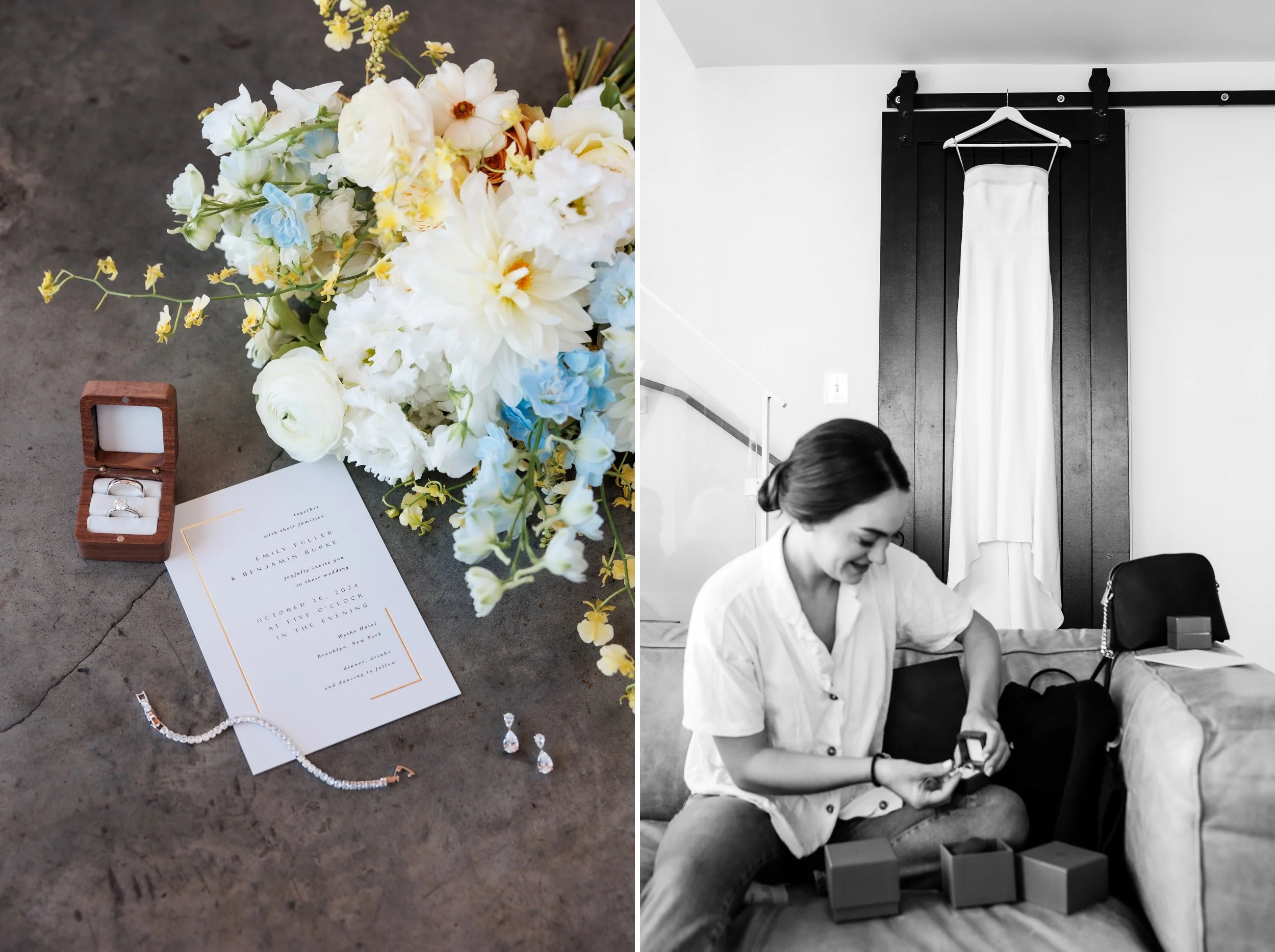  Wedding day details: bouquet, invitation, rings, and jewelry, all displayed together. The wedding dress hanging behind the bride 