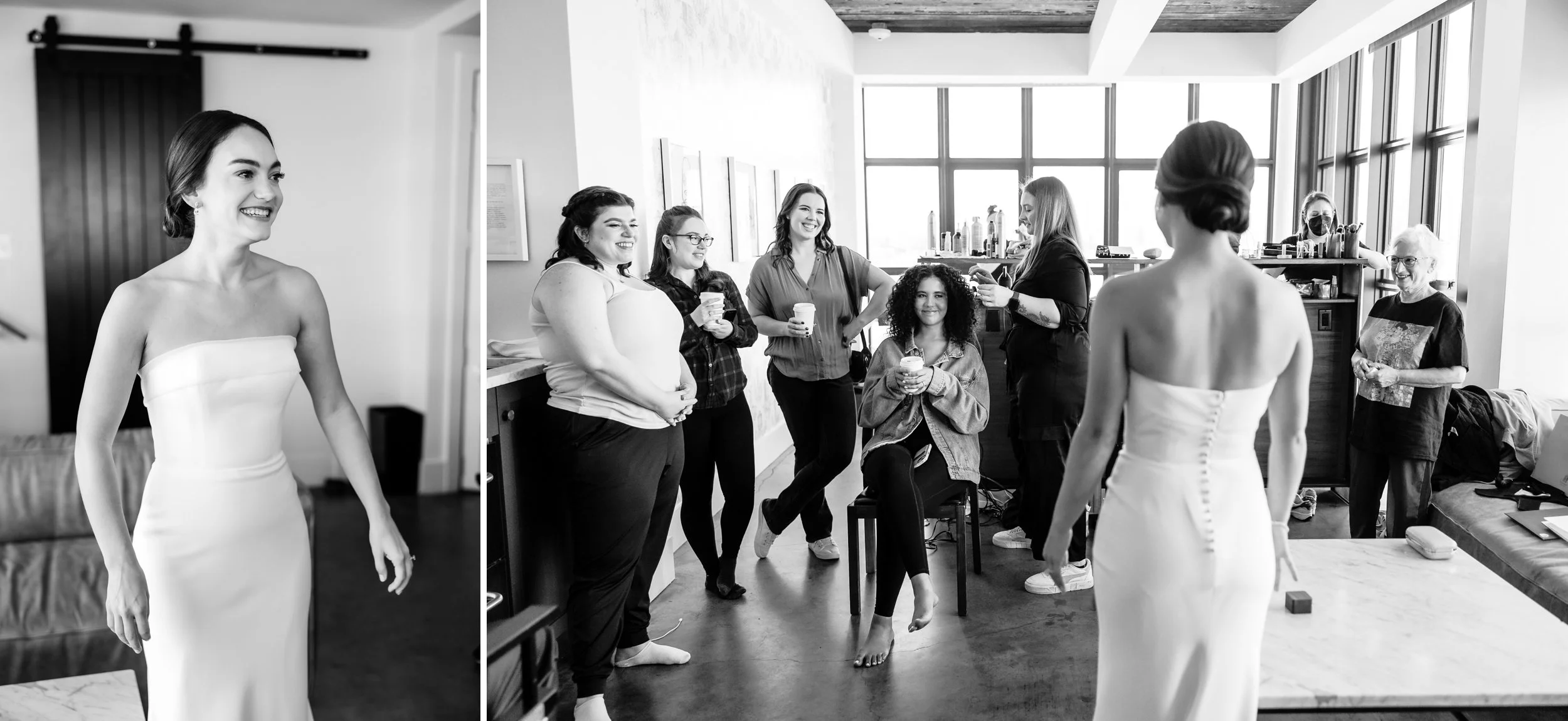  Bride shows off her wedding dress to her bridesmaids 