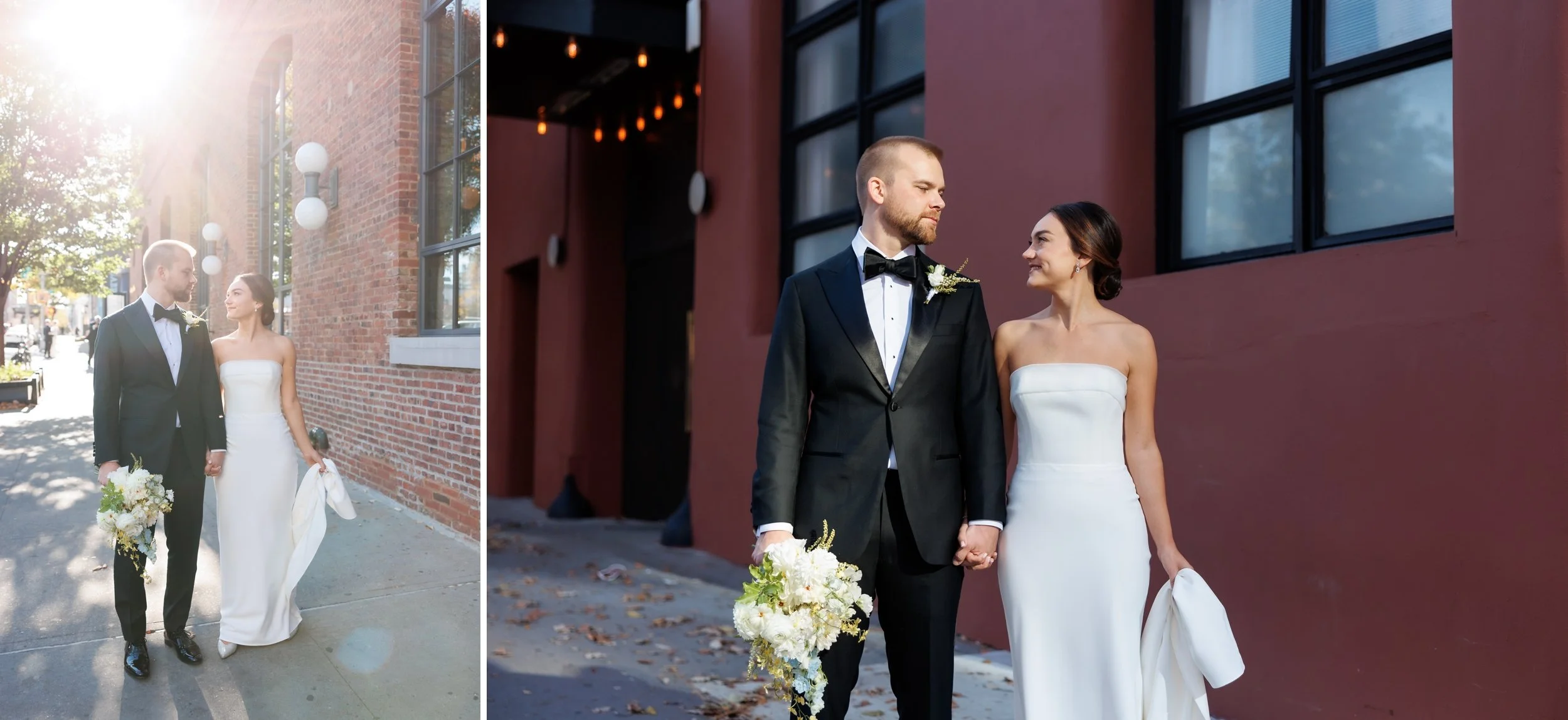  Couple looks at each other on the sidewalk 