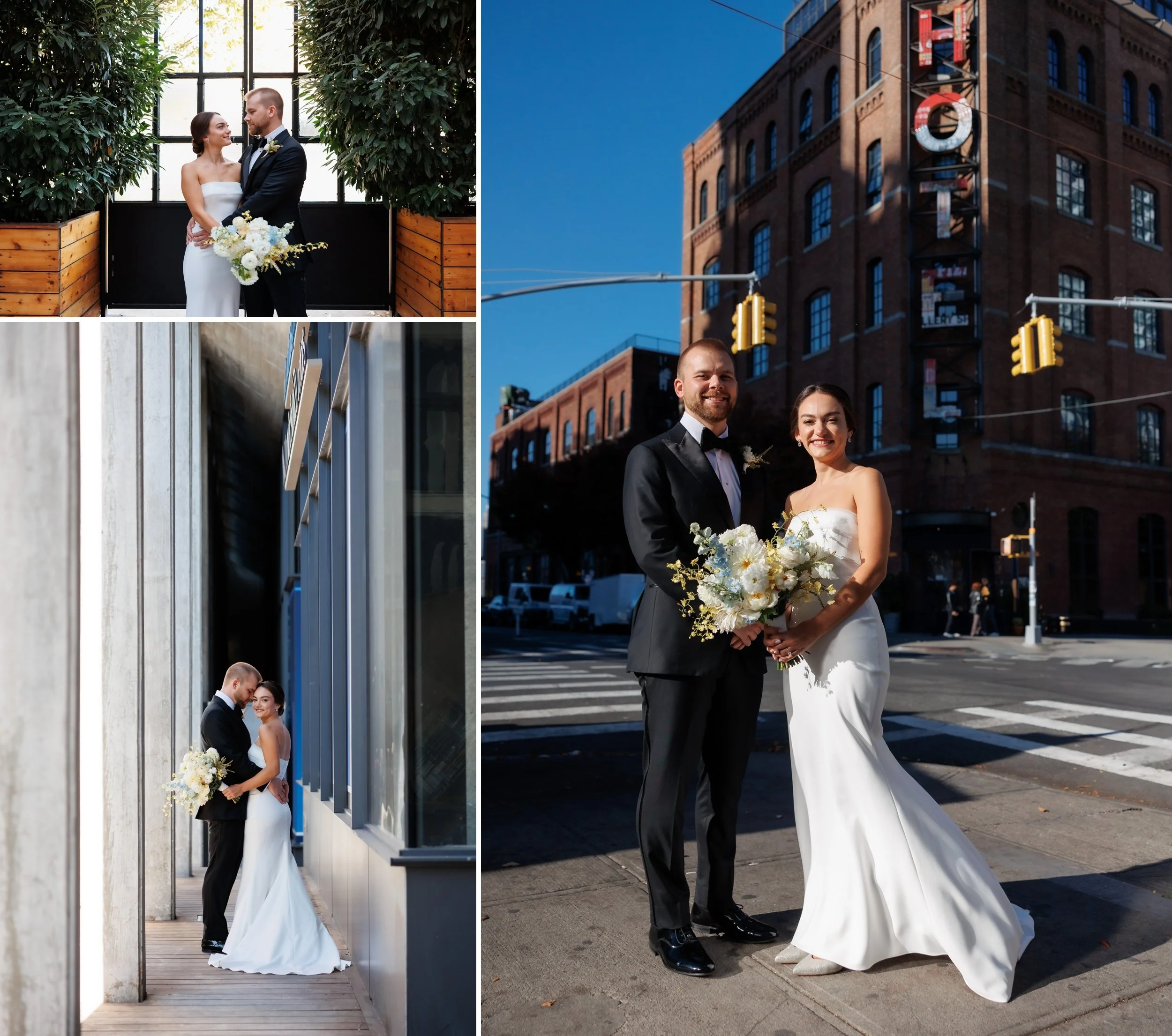  Couple looks at each other and poses in front of the Wythe Hotel 