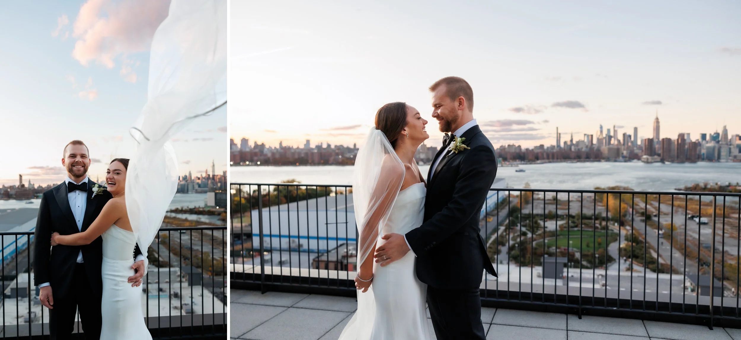  Couple stands on balcony overlooking the NYC skyline at sunset 
