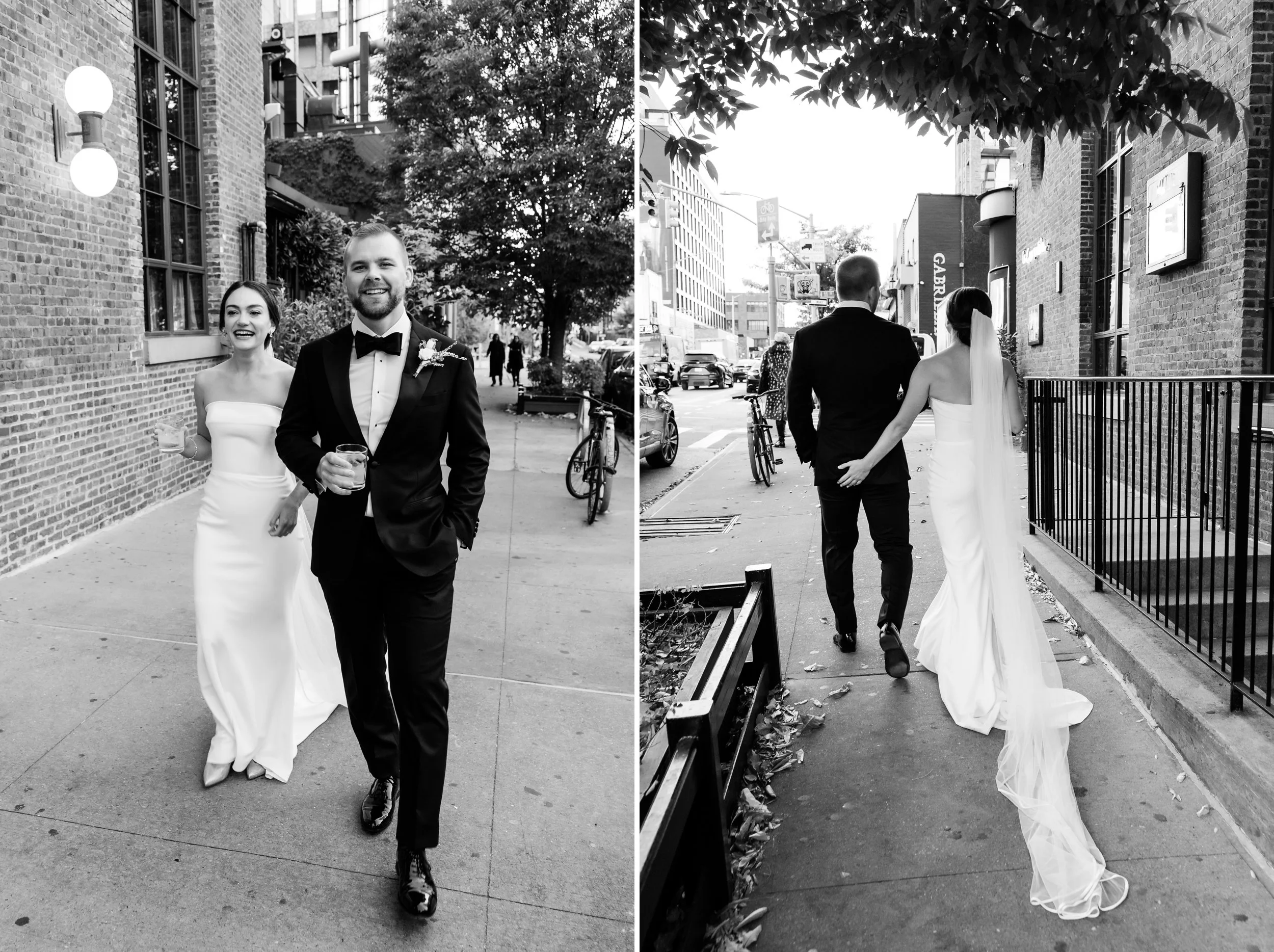  Couple walks down the street and celebrates after their wedding ceremony 