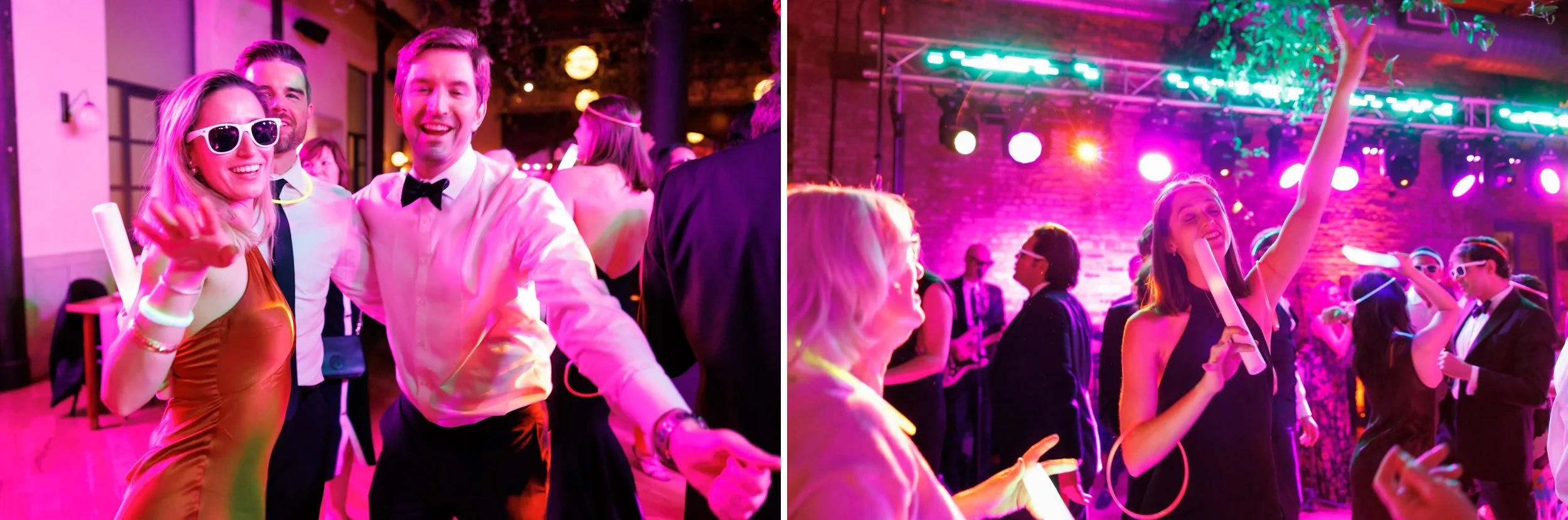  guests dance to wedding band in bright pink light 