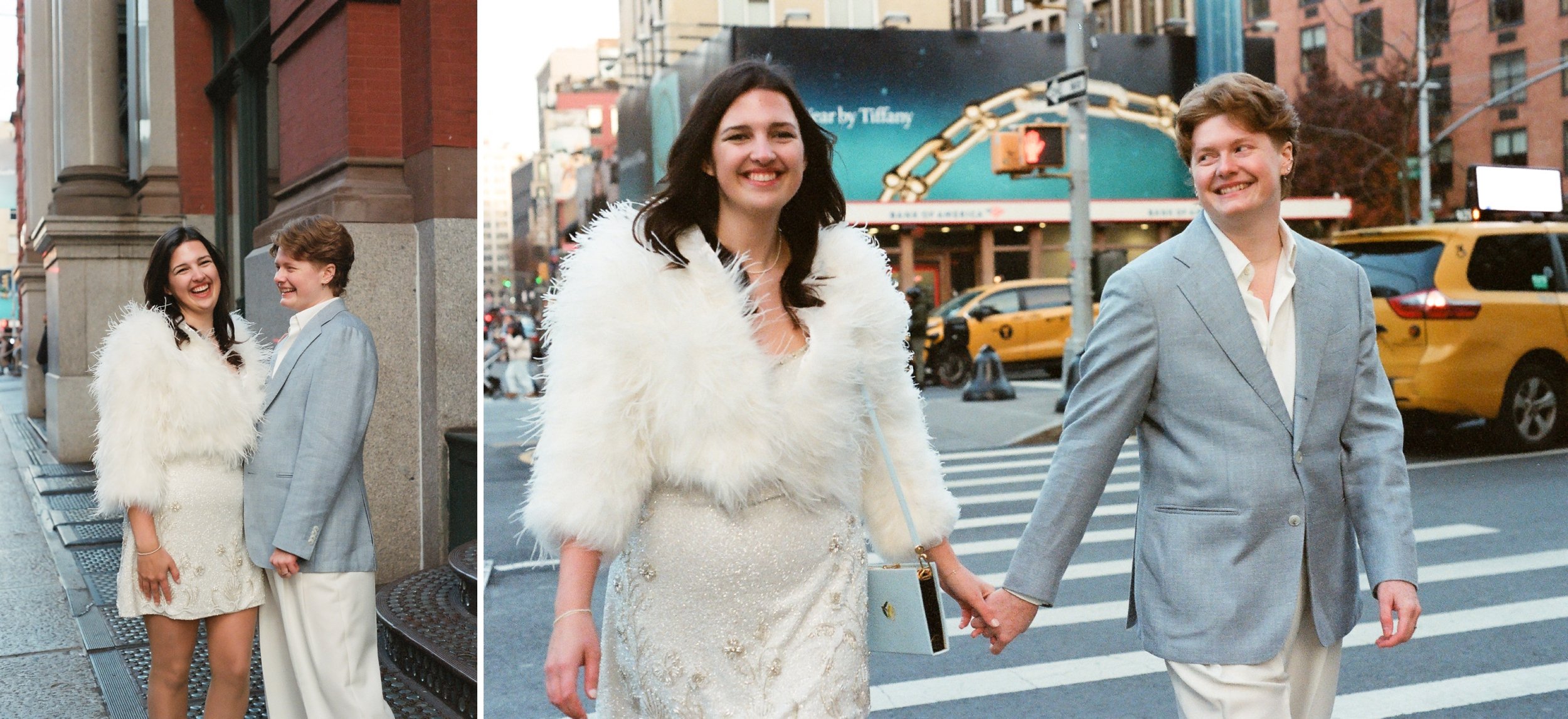 Film photo of couple laughing and crossing the street in SoHo