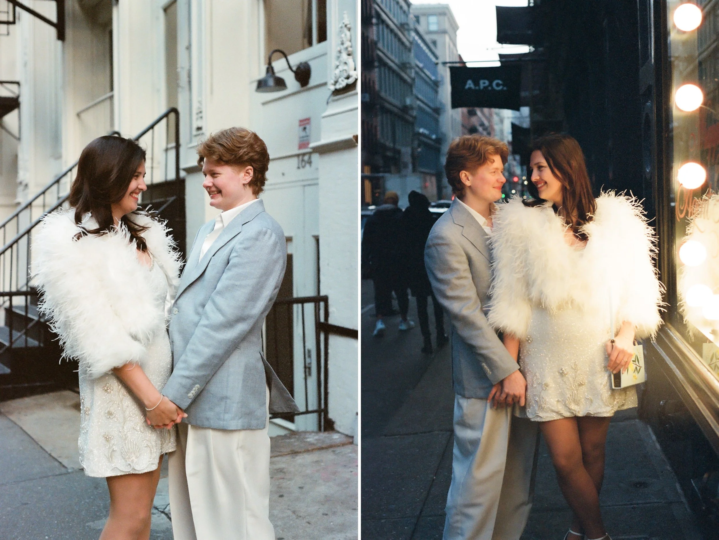 Film photo of couple getting cozy in front of window light during twilight in NYC
