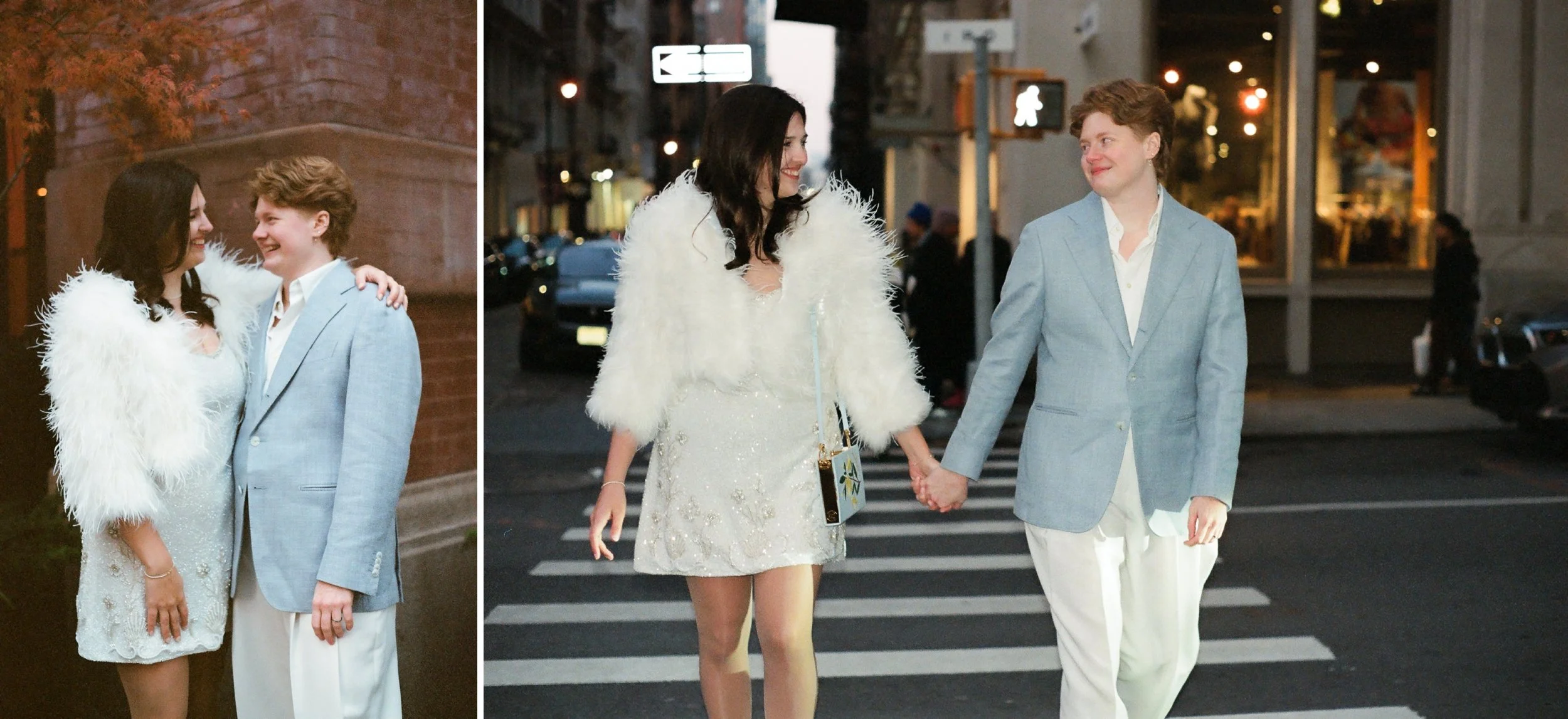 Film photo of couple holding hands and crossing the street in NYC