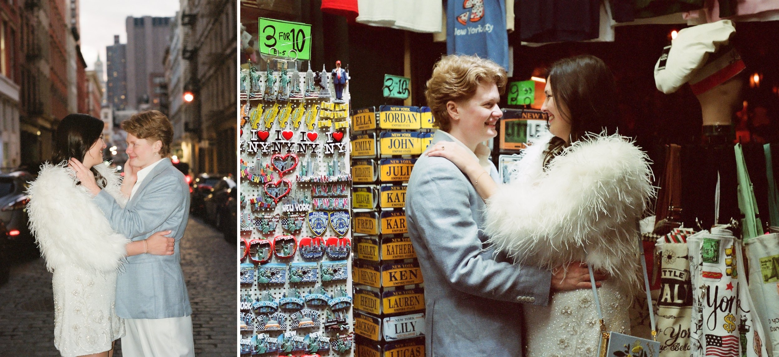 Film photo of couple at tourist stand in Little Italy