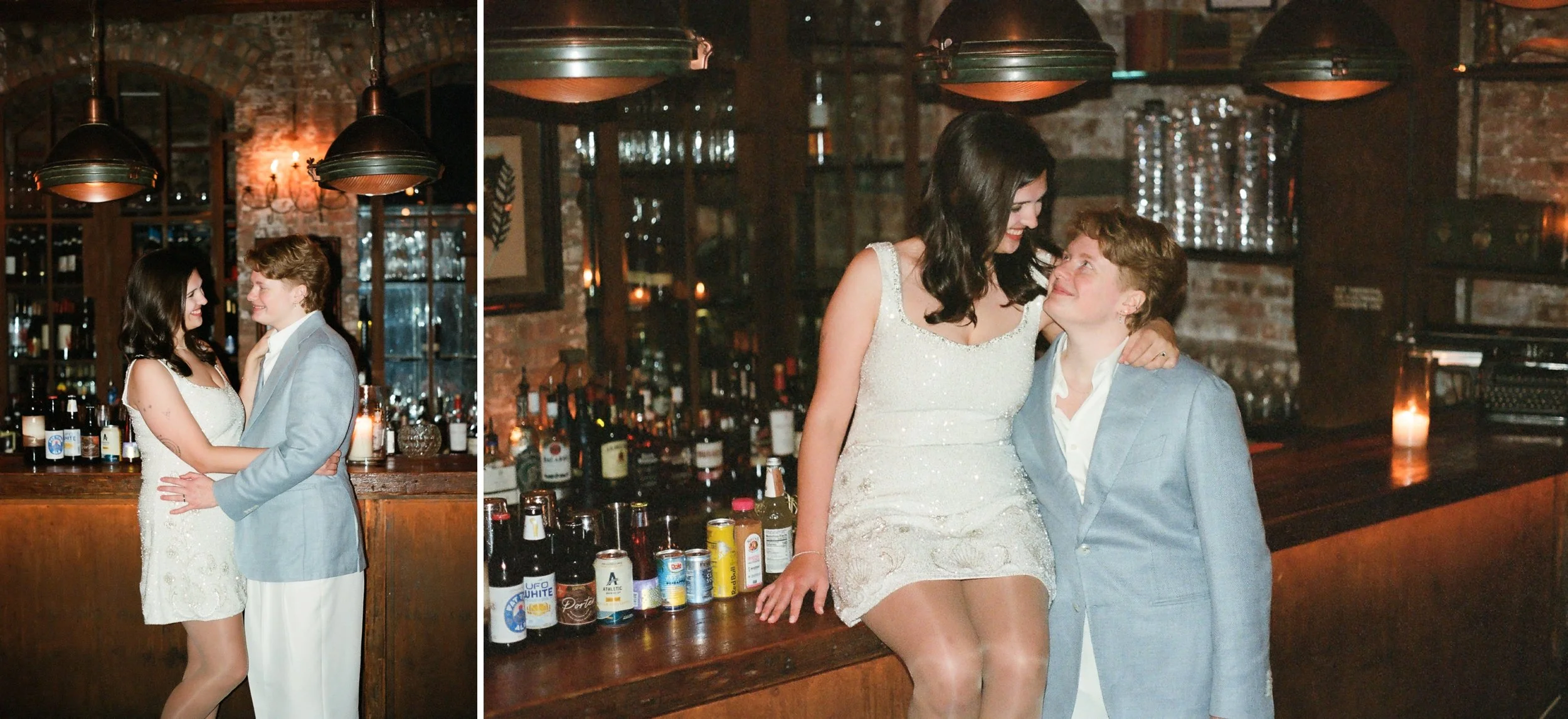 Film photo of couple hugging in front of bar at restaurant in Little Italy