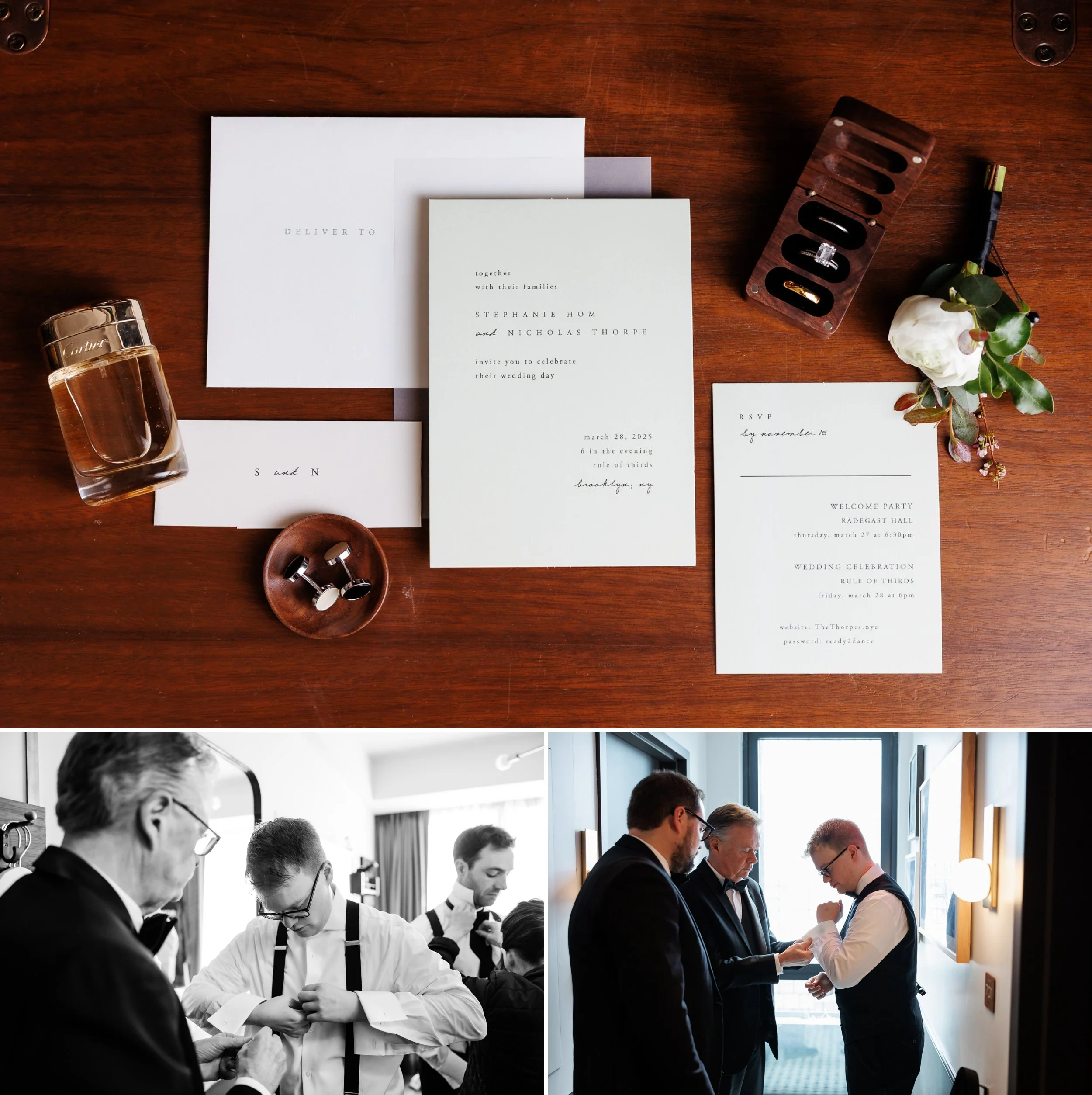 Wedding invitation. Groom getting dressed with family