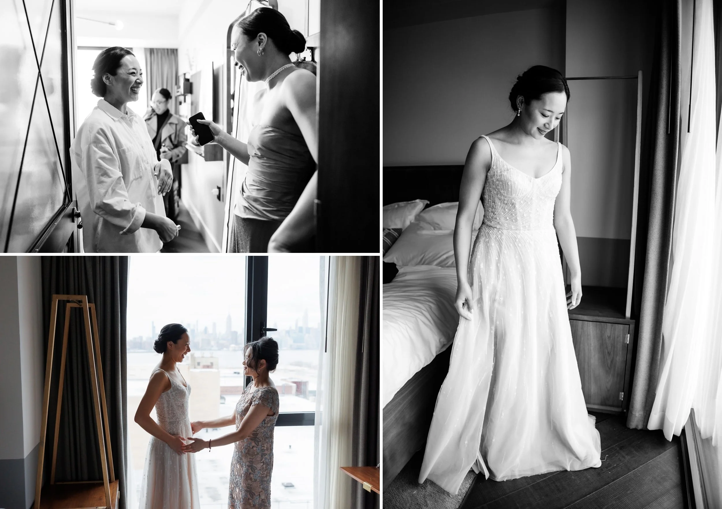 Bride gets dressed for wedding with mom and sister