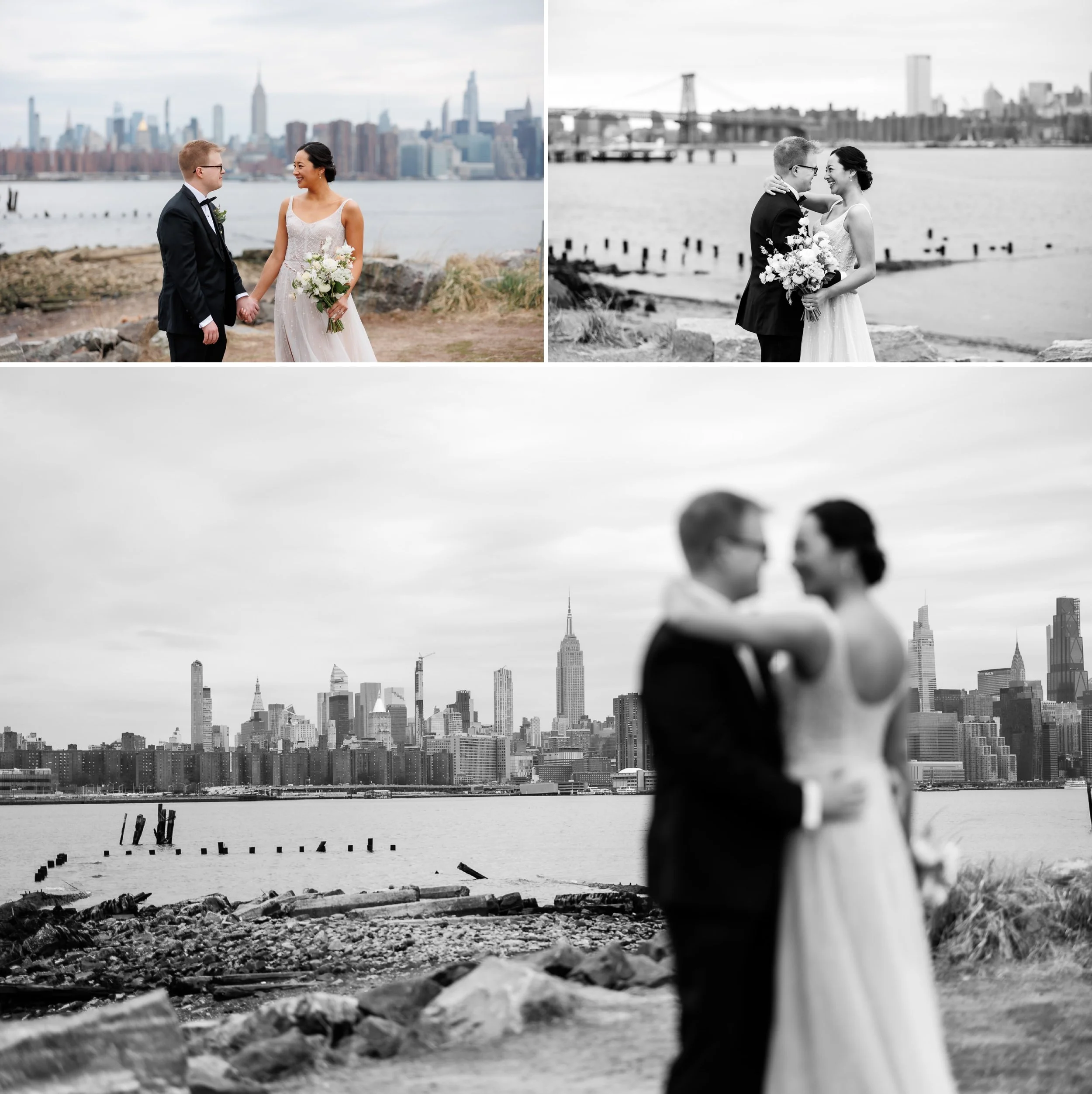 Couple poses in front of the NYC skyline on their wedding day