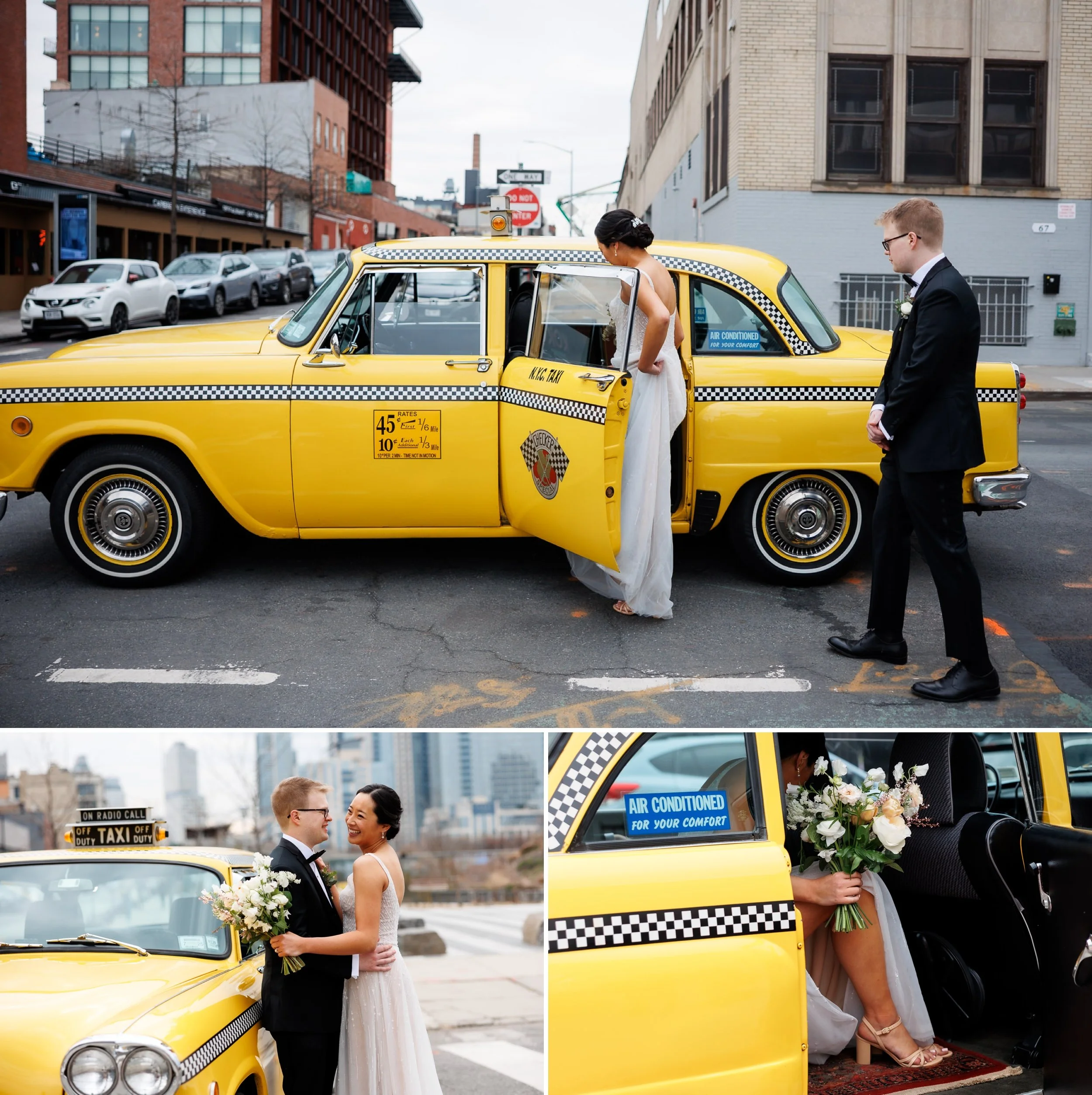 Couple in wedding attire gets into vintage NYC cab