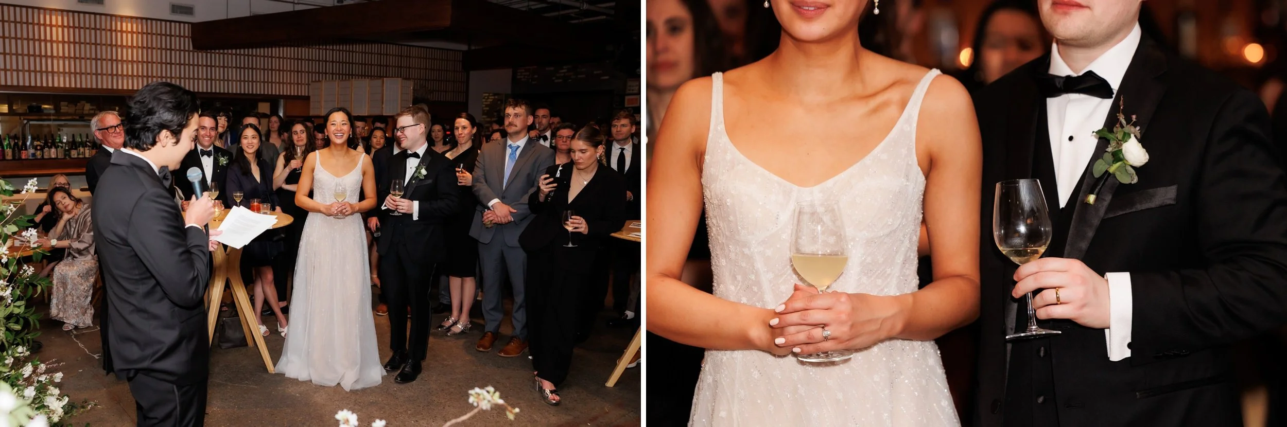 Couple listens to toasts at wedding at Rule of Thirds