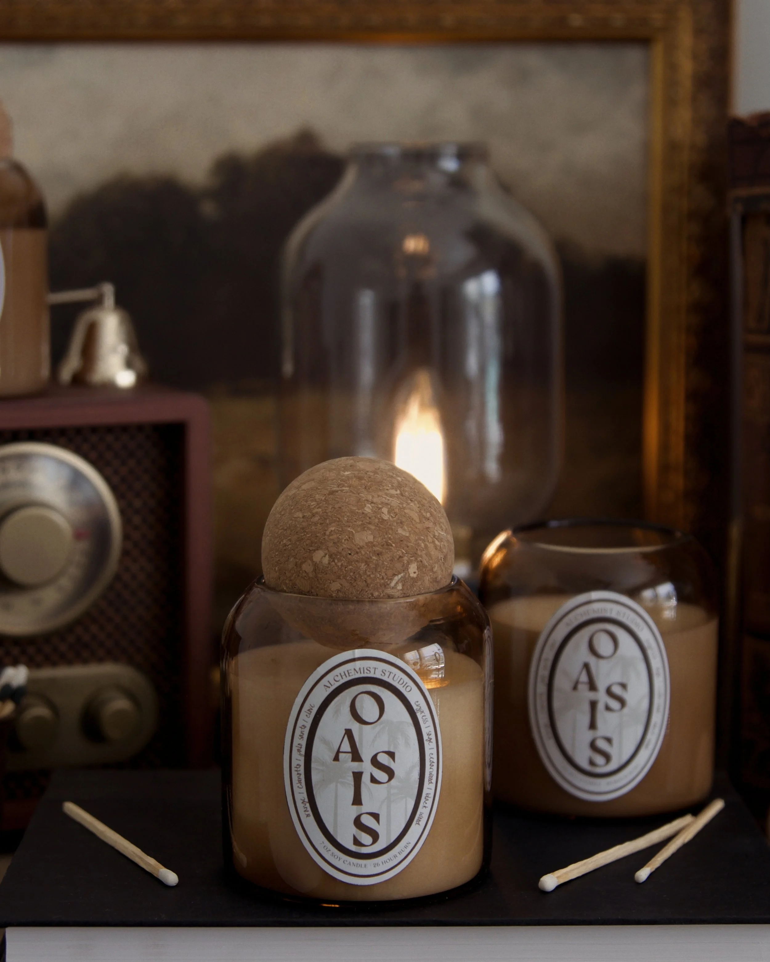 Oasis 7 oz Soy Wax Candle in Amber Glass Jar with Cork Lid | Palo Santa & Sage