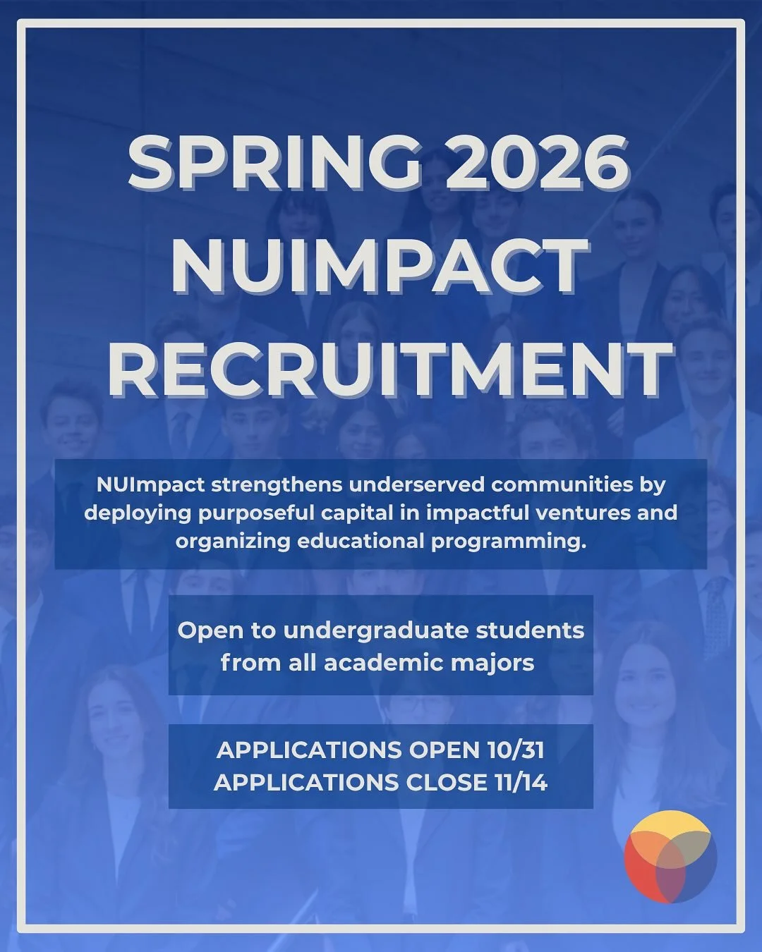 Ready to make an impact?? NUlmpact recruitment for Spring 2026 is starting next week! Swipe to learn more about our recruiting events and application deadlines. Apply with the link in bio opening on 10/31! 🌟💼