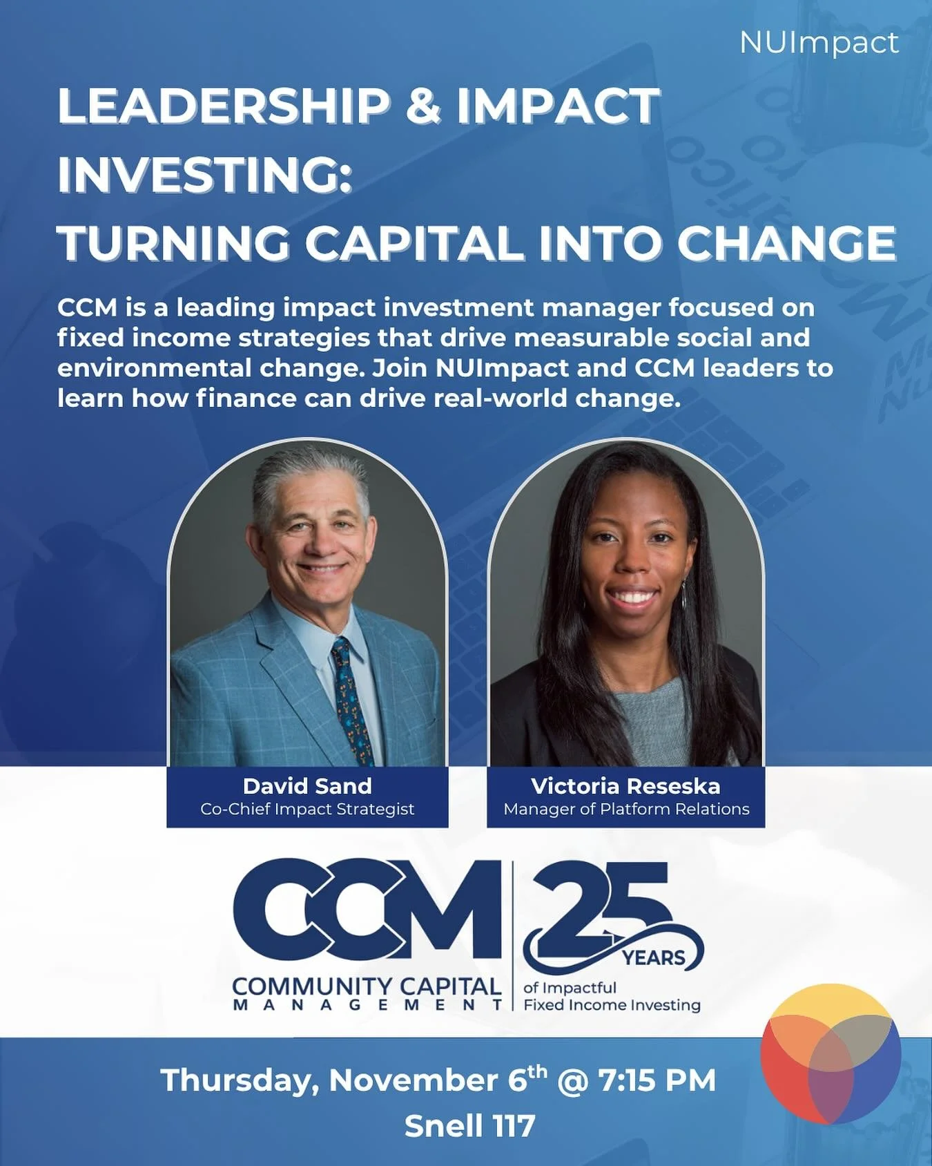 Curious how finance can create real-world change? 🌎

Come hear from leaders at Community Capital Management this Thursday, November 6th at 7:15 in Snell 117 to learn how impact investing turns capital into measurable social and environmental results