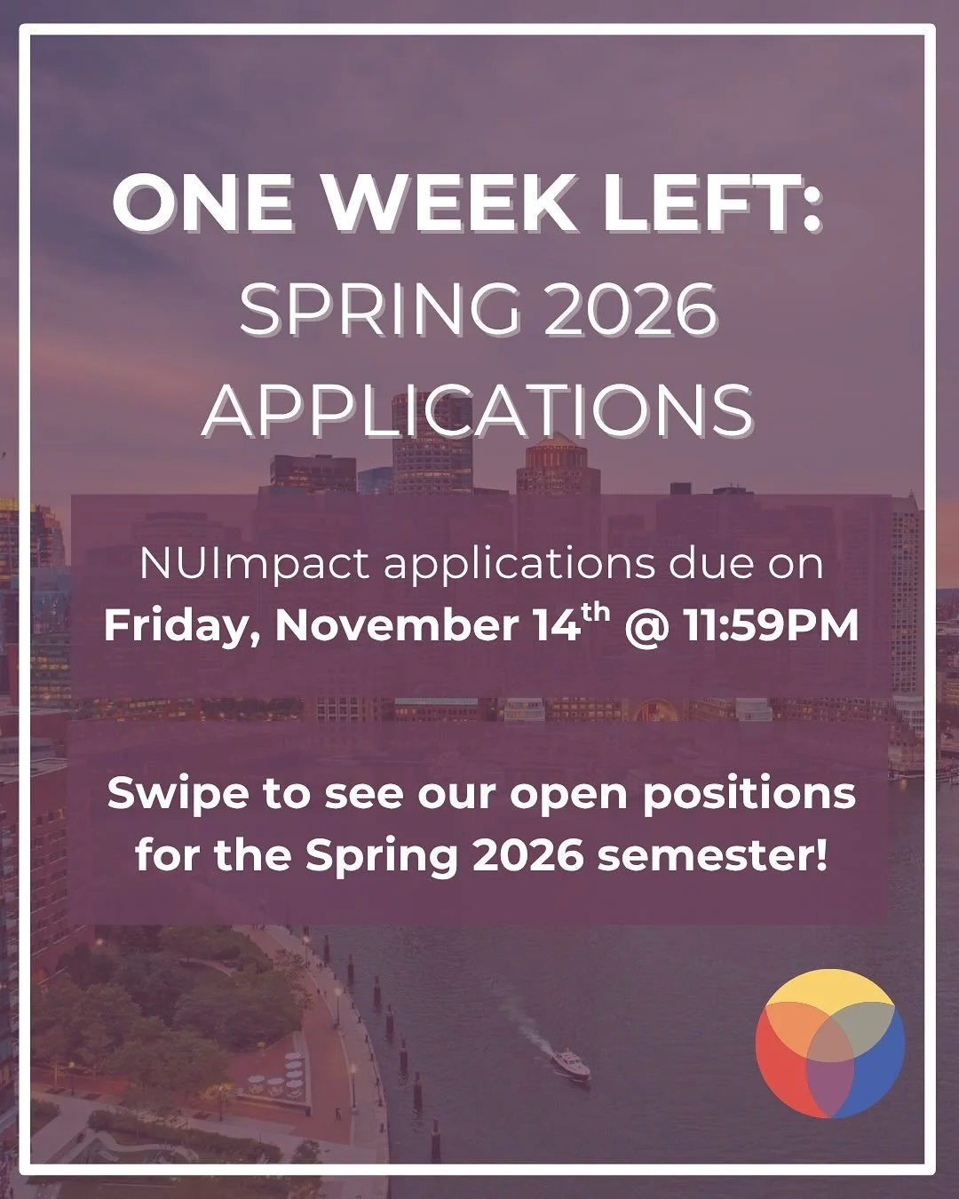 One week left to apply to Northeastern&rsquo;s student-led impact investing fund ⏰

NUImpact Spring 2026 applications are due Friday, November 14th at 11:59 PM. 

To learn more about each position and submit an application, head to the link in our bi
