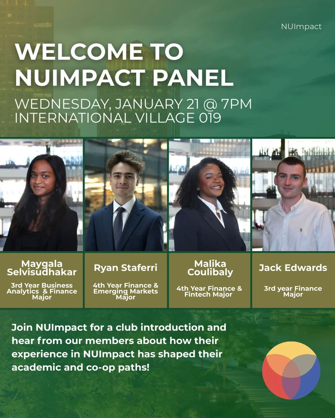Curious what NUImpact is all about? Join us for our panel this Wednesday, January 21st to hear from our members about how the club has shaped their paths at Northeastern and beyond! 📊🚀