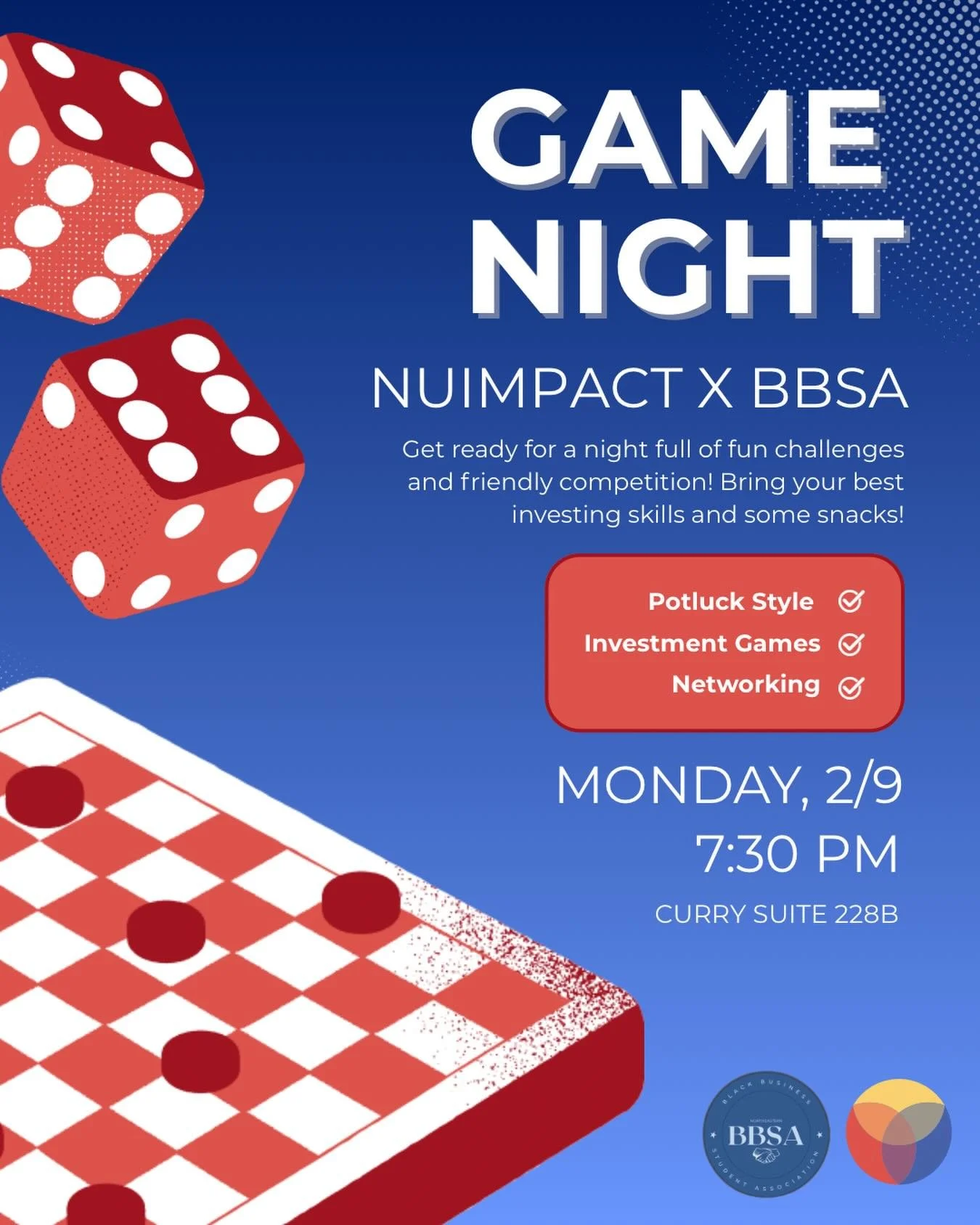 🎲💼 Join us for a game night with NUIMPACT x BBSA! Bring snacks &amp; be prepared to put your business skills to the test!