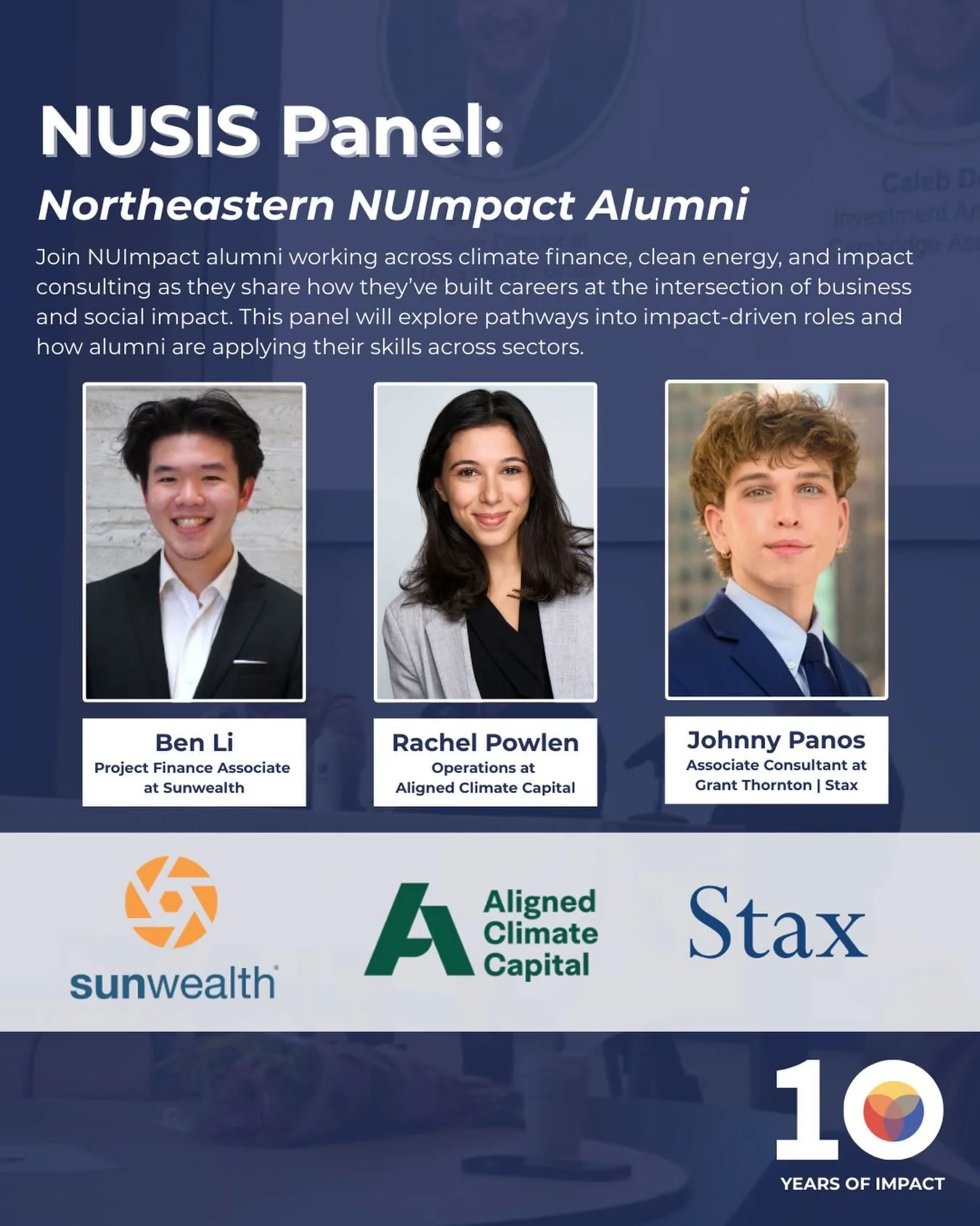 Don&rsquo;t miss out on this opportunity to hear from our alumni working in finance, clean energy, and consulting! Be sure to purchase your tickets for NUSIS! 3.14.26 🎟️🌱