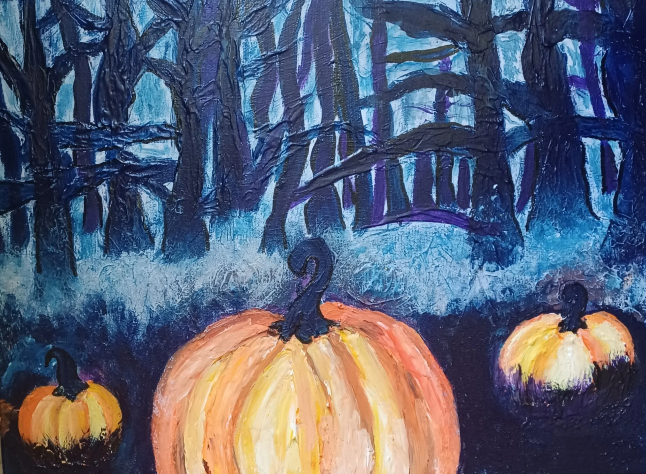 Picture of my painting Misty Agate. Depicts three pumpkins in a dark blue, misty forest