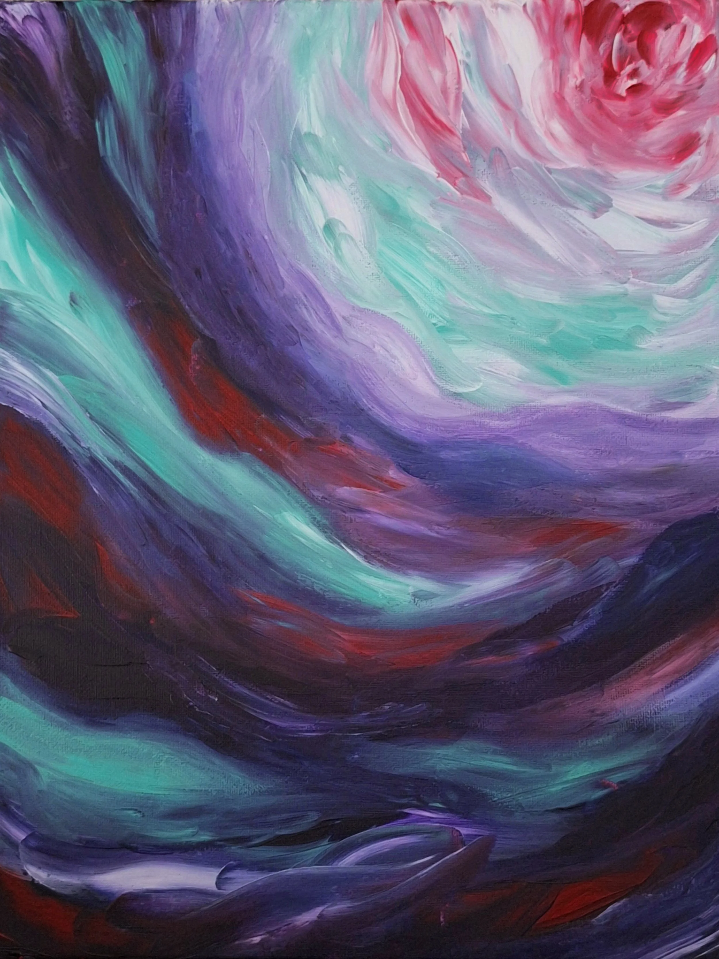 A space paintings made by Mikhayla Rene, currently untitled. Colors on the painting are dark blue, dark purple, pink, light aquamarine/teal, and dark red.