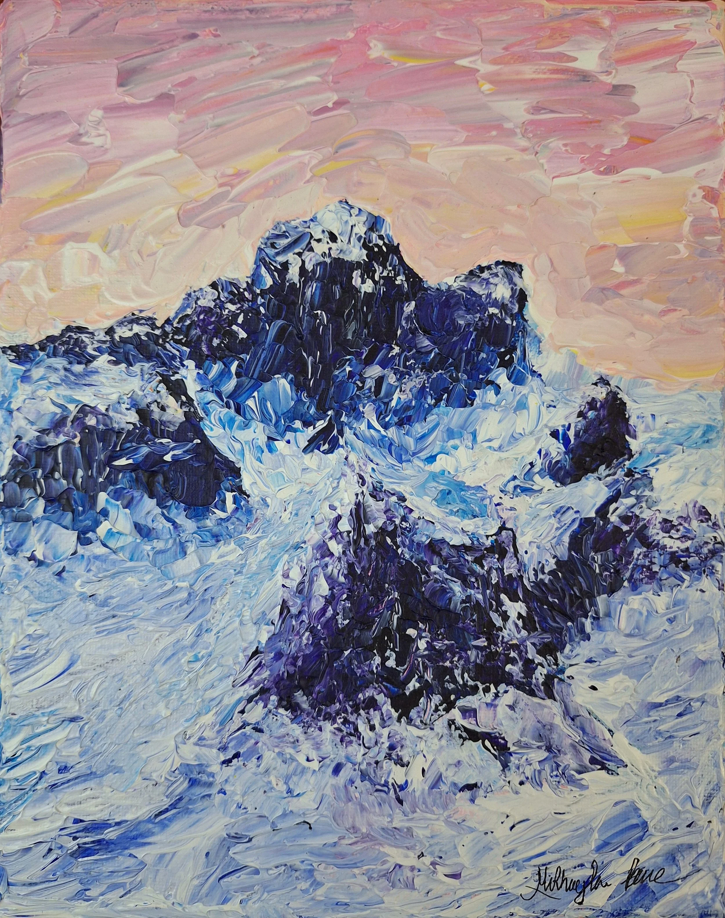 Picture of my painting Rising Trials. Depicts five mountains with snow banks and pink sky.
