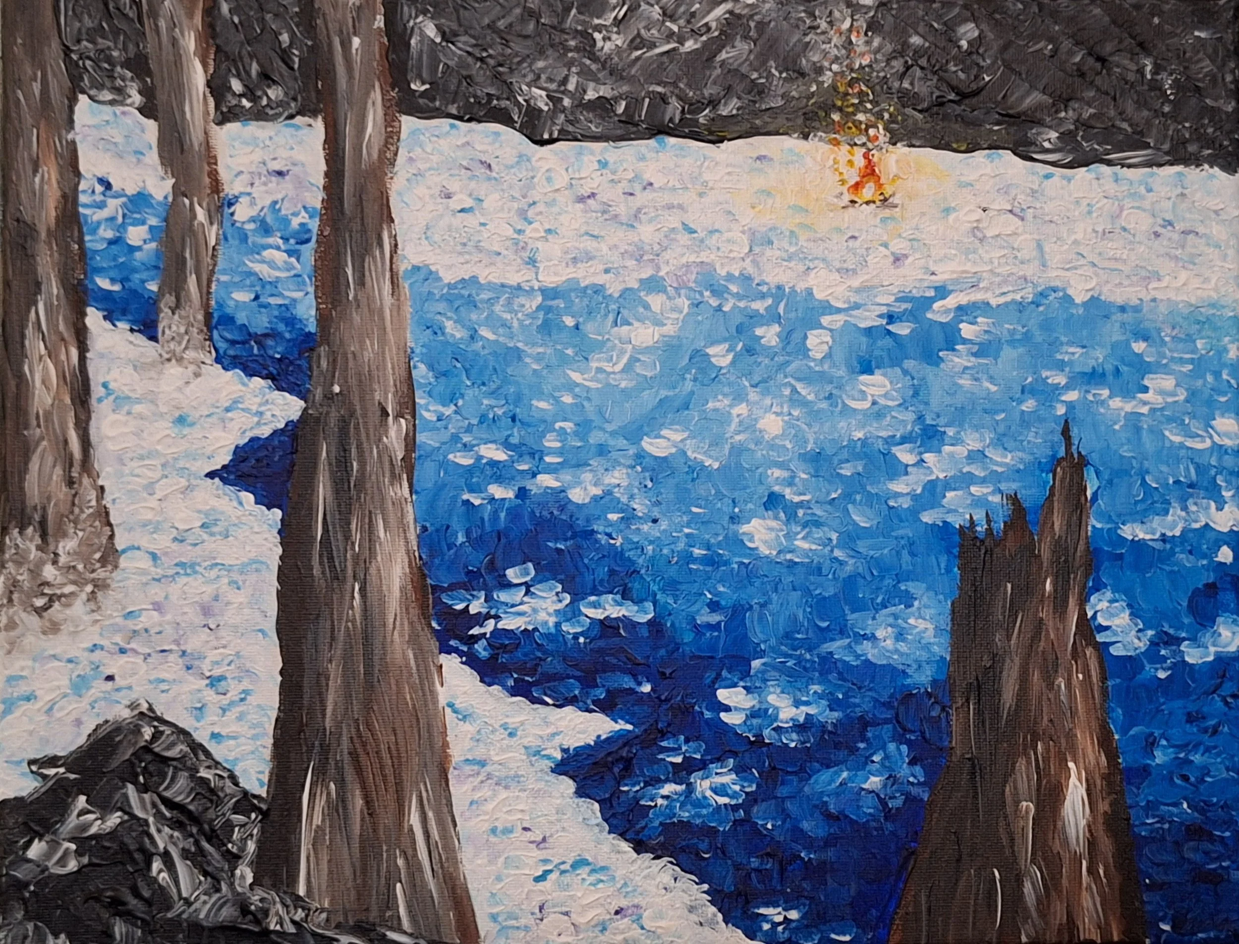 Picture of my Painting Frozen Hearth. Depicts a winter forest scene with trees, a river, snow banks, and cave