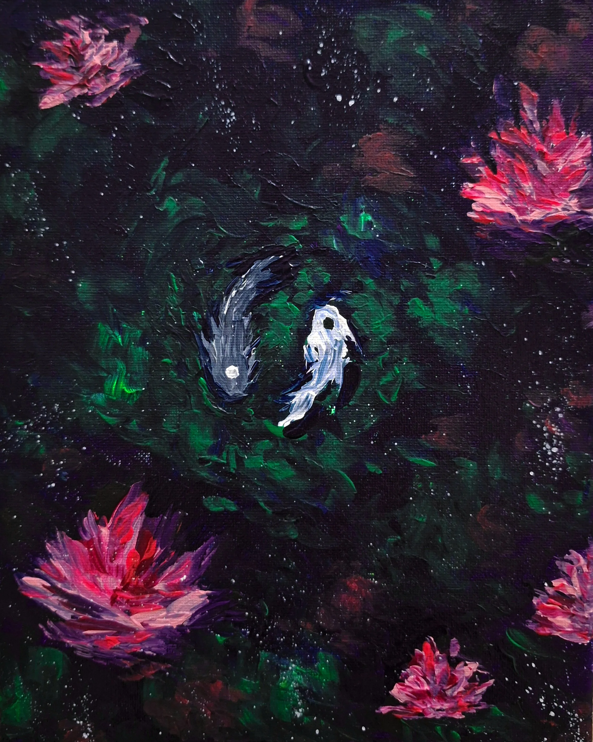 Abstract painting of a dark background with colorful flowers, primarily pink and purple, with green accents and white splatters. Yin and Yang koi fish in the center