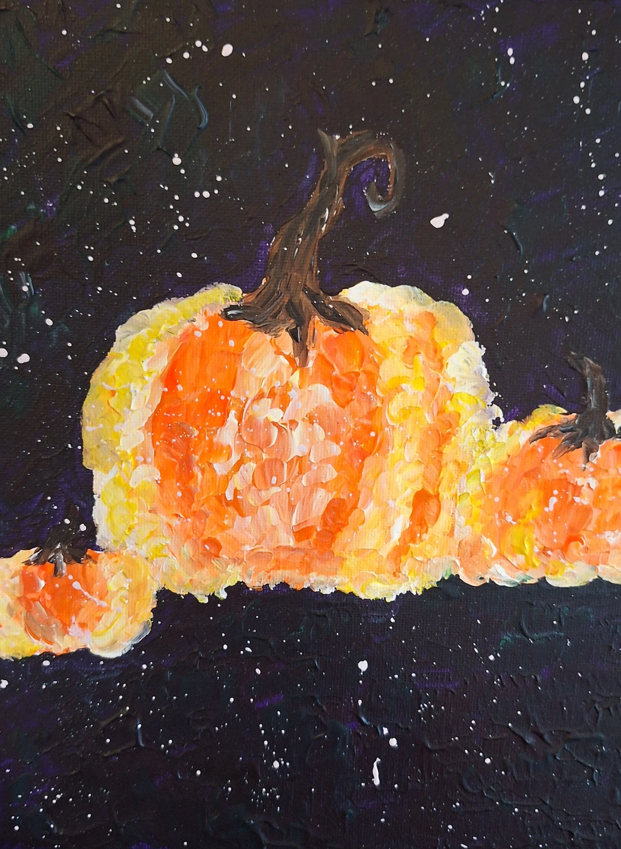 Picture of my painting Bloom Amber. Depicts an abstract pumpkin with a dark purple and dark green background, however the picture shows it as black.