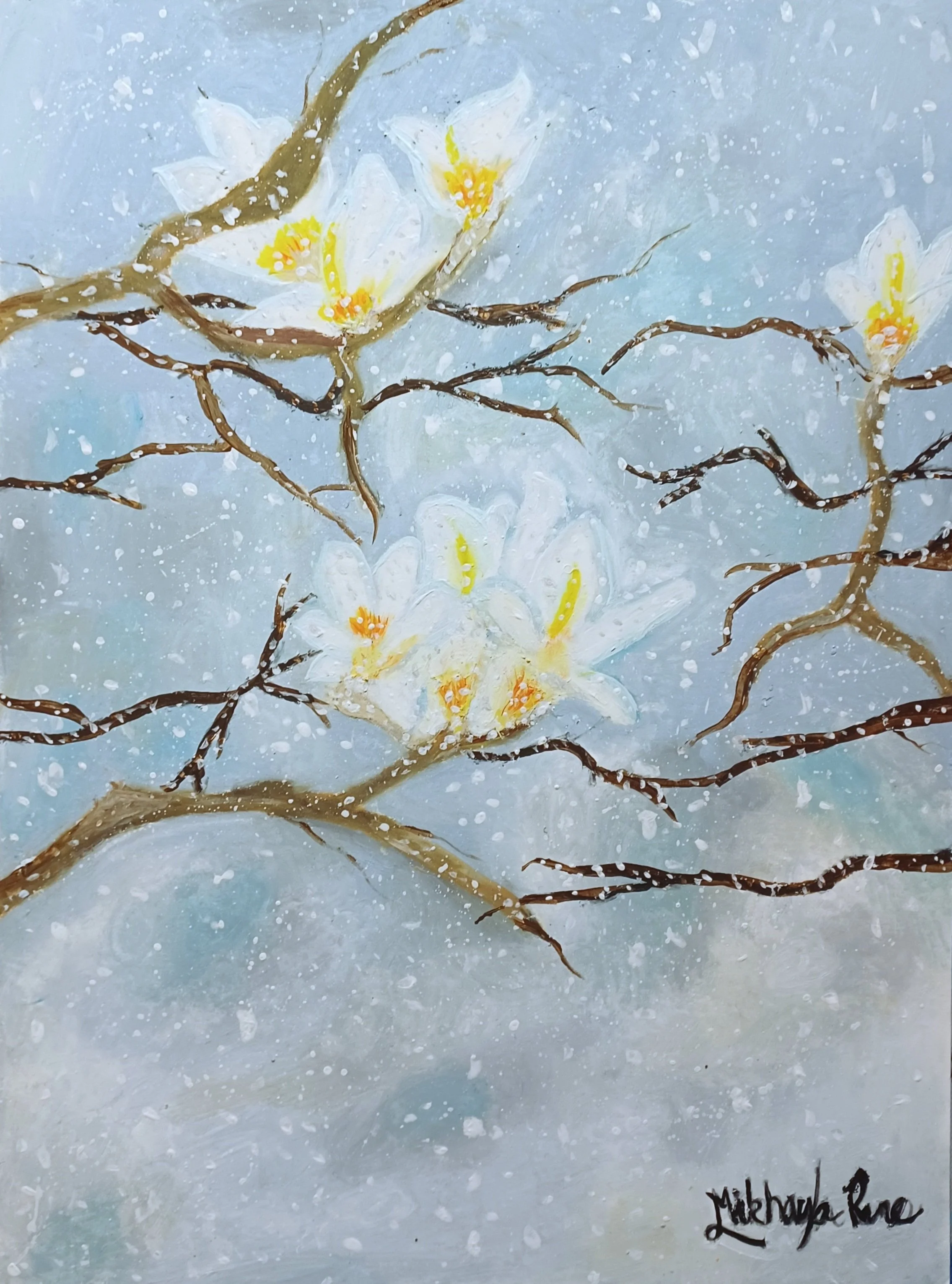 Picture of my oil pastel painting Winter's Grace. Depicts yellow and white flowers on branches; with a white and blue background and snow falling.
